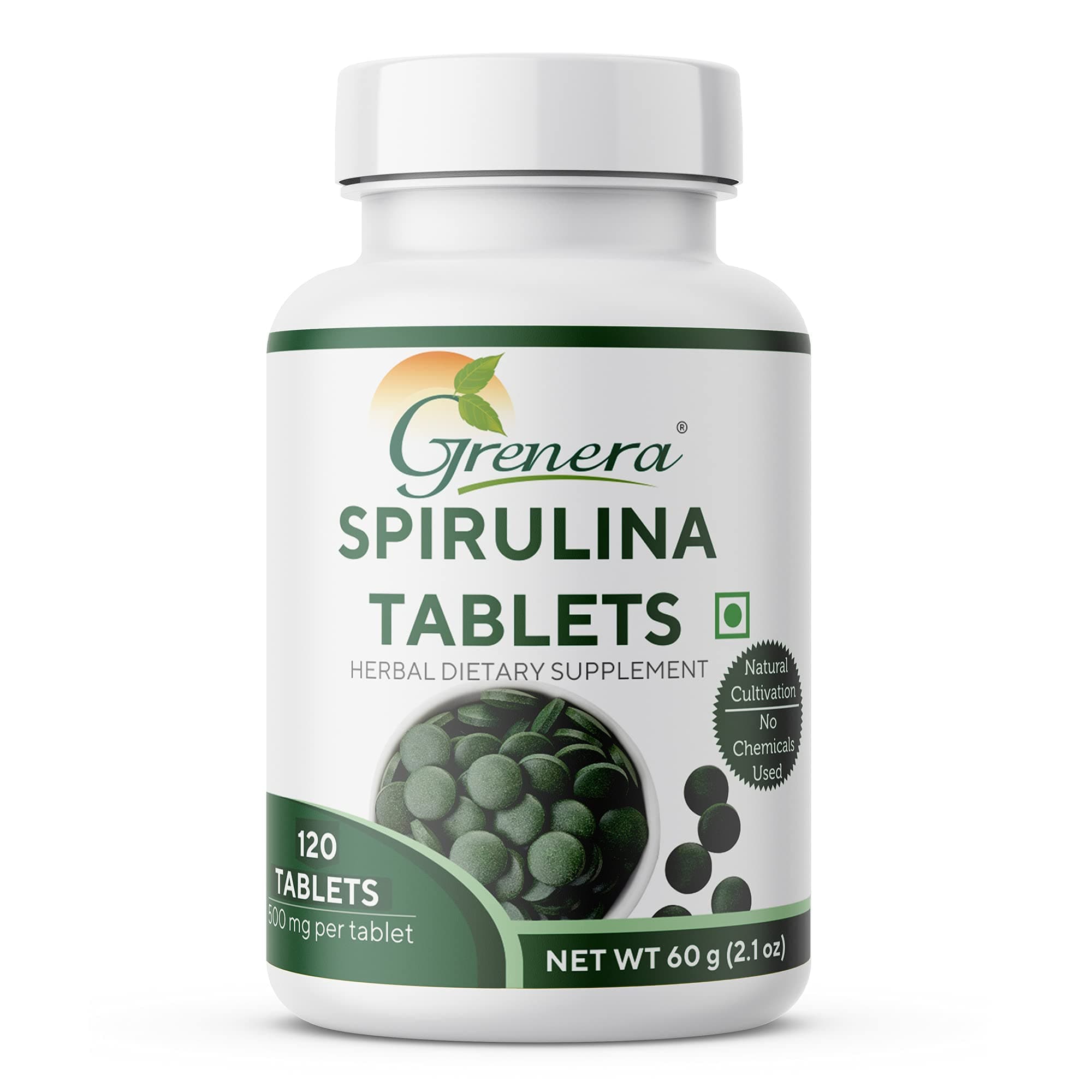 Grenera Spirulina Superfood Tablets 120 nos (500 mg) Pure, Natural supplement