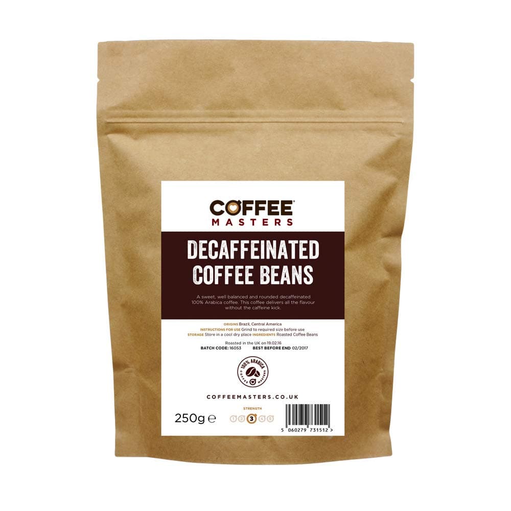Coffee Masters Decaffeinated Coffee Beans 250g - 100% Arabica Decaf Coffee Beans - Roasted Whole Coffee Beans Ideal for Espresso Machines - Bold and Strong Flavour