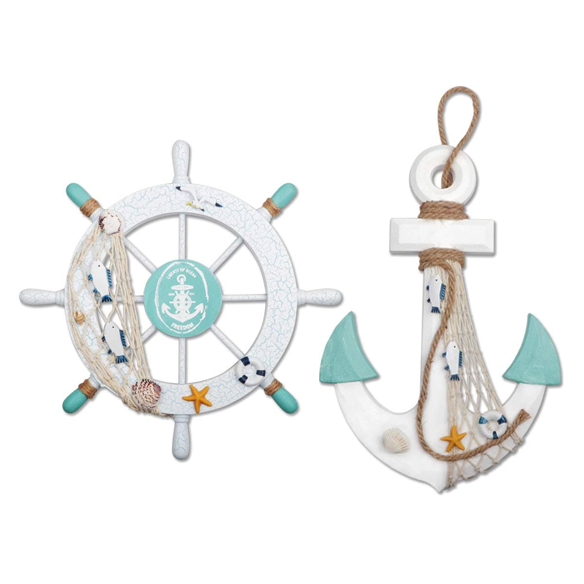2 Pack 11" Nautical Beach Wooden Ship Wheel and 13" Wood Anchor with Rope Nautical Boat Steering Wheel Rudder Anchor Wall Decor Door Hanging Ornament Beach Theme Home Decoration(White&Green)