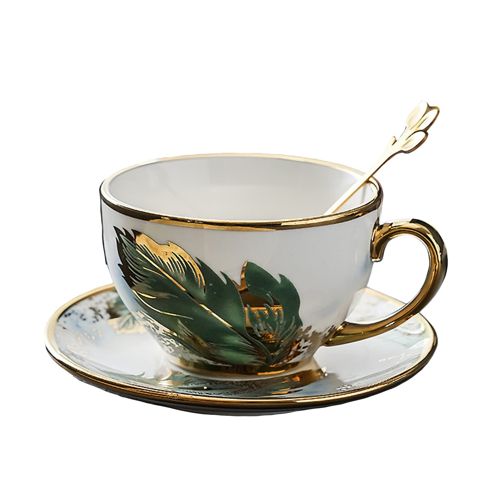 Golden Handle Ceramic Tea Cups, Vintage Feather Pattern Espresso Coffee Mug Set with Saucer & Spoon, 7.74 Oz, Style 1