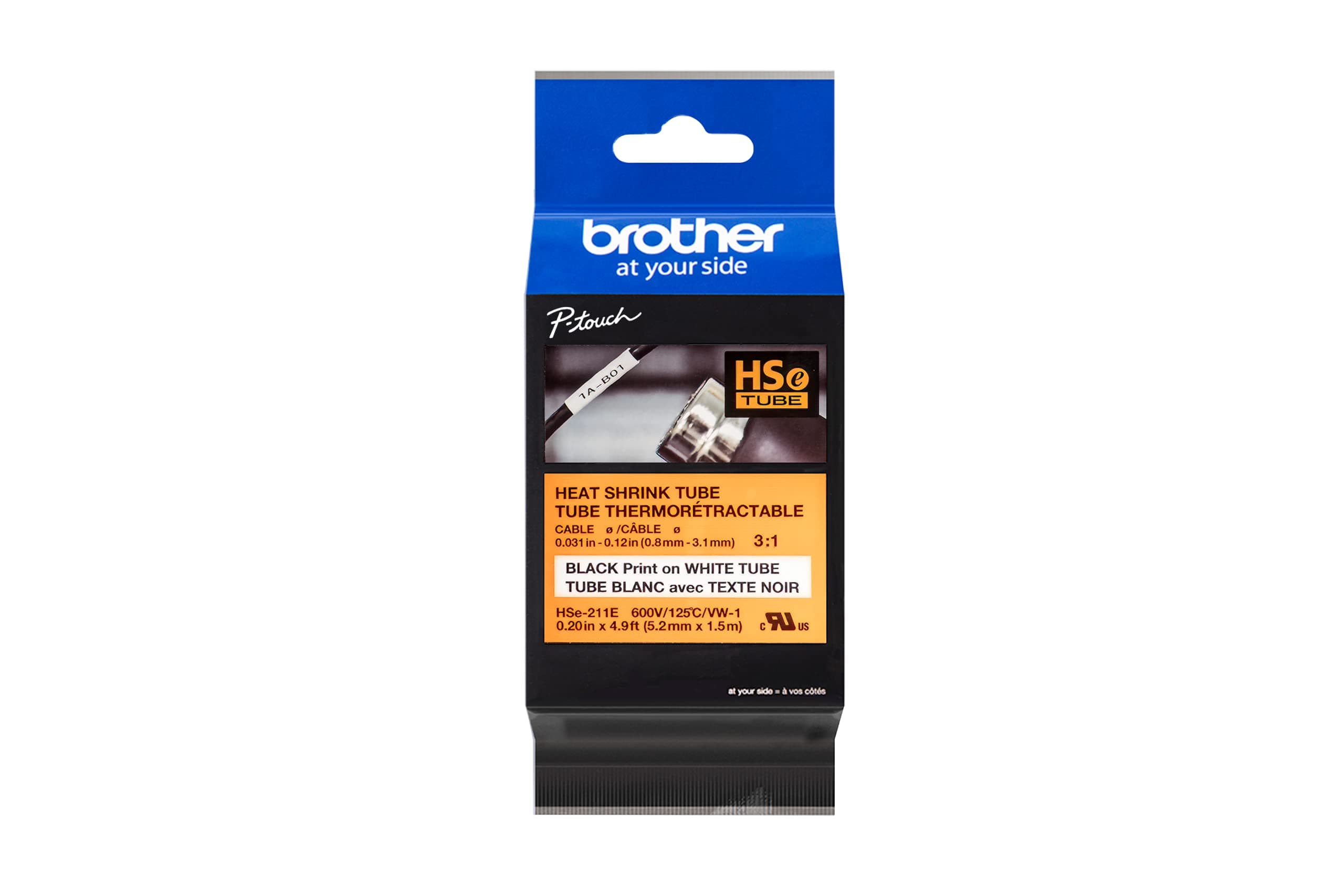 Brother HSe211E 5.28mm (0.2in) Black on White 3:1 Heat Shrink Tube, 0.2 inch