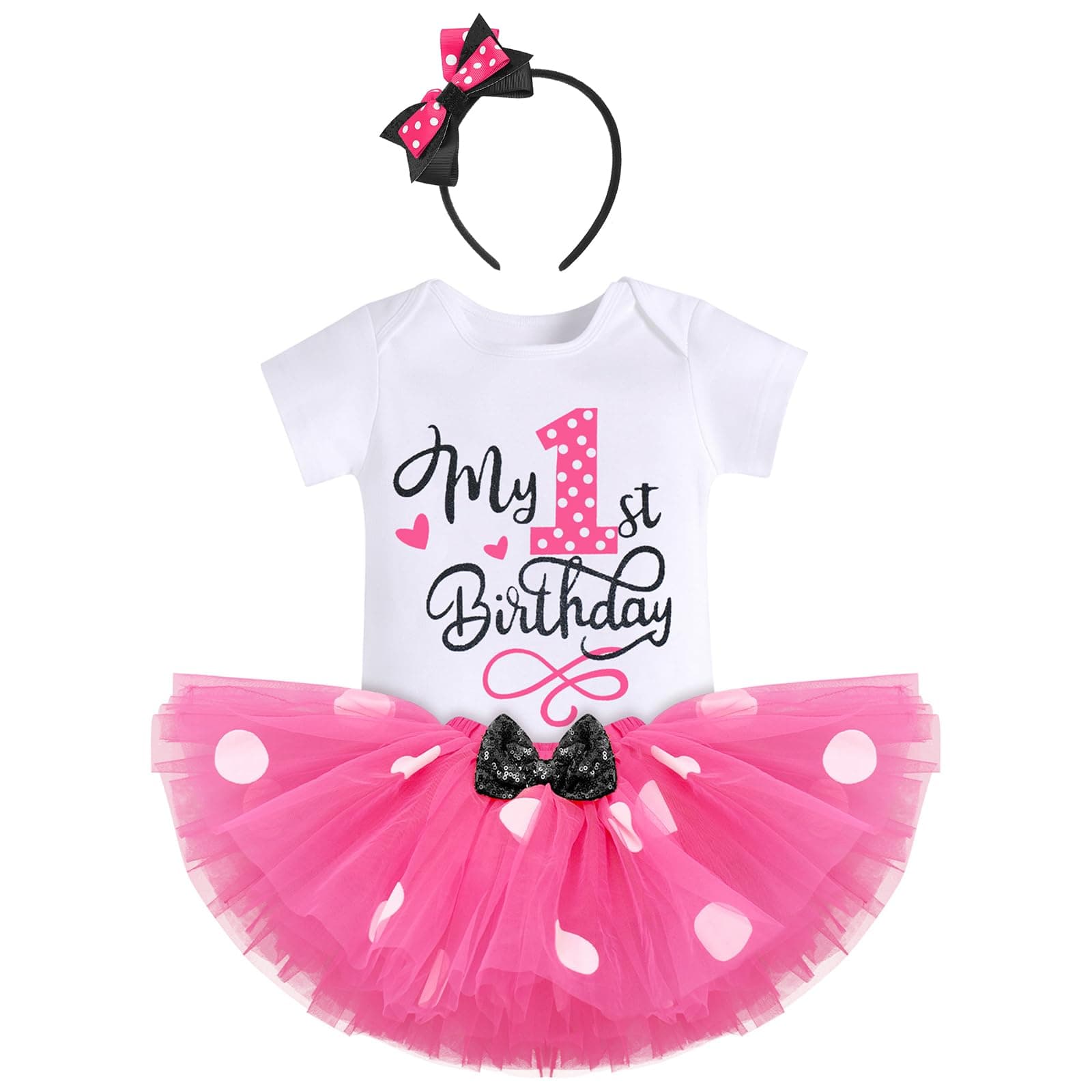 Baby Girls One 1st 2nd 3rd Birthday Outfit Polka Dots Romper Tutu Dress Headband Princess Skirt Set Photo Shoot