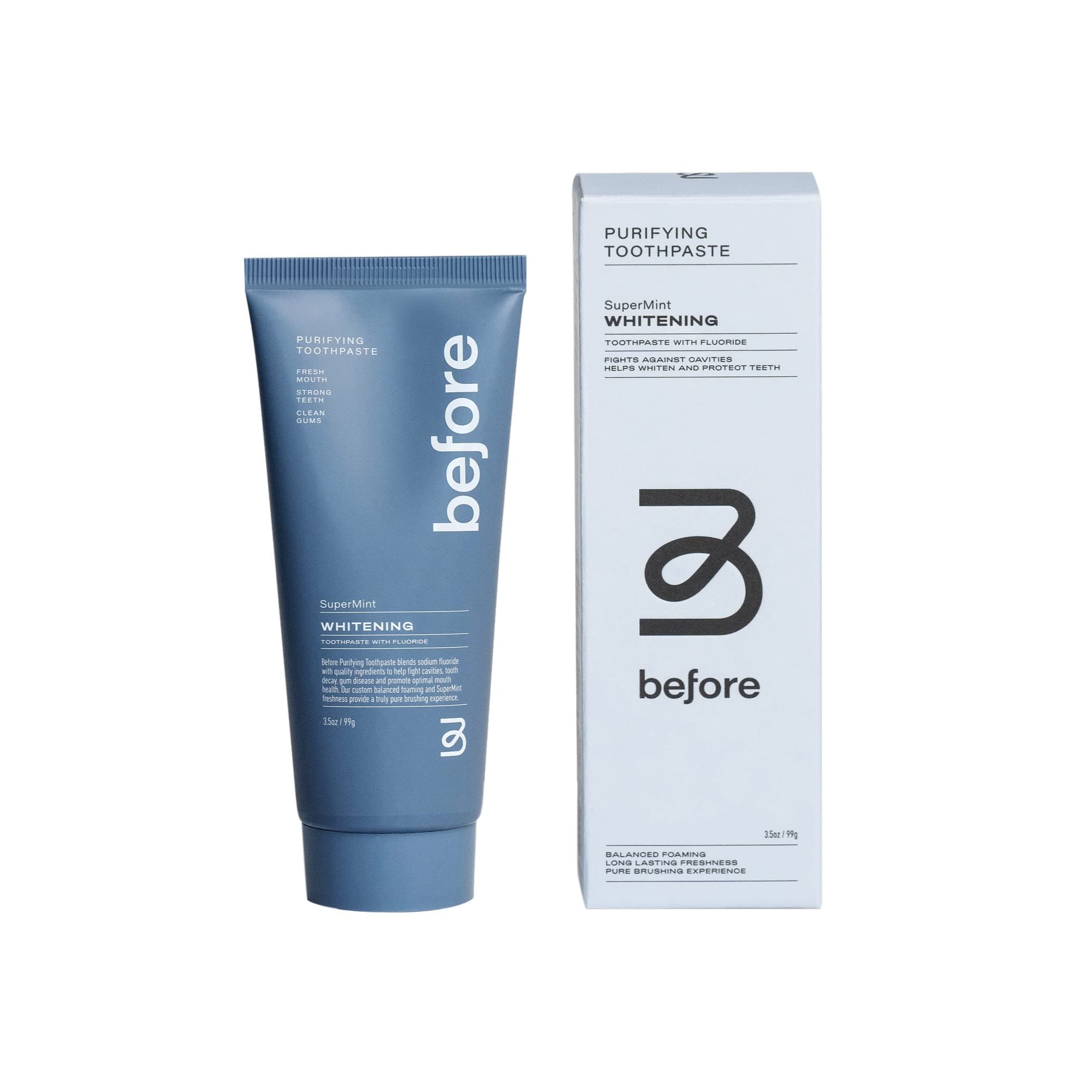 Before - Whitening Anti-Cavity Toothpaste with Fluoride - Vegan, Reduces Plaque for Gum Health, Balanced Foaming, Low Abrasion, Minty Fresh, Plant-Based Sugarcane Tube, Made in The USA - 3.5oz