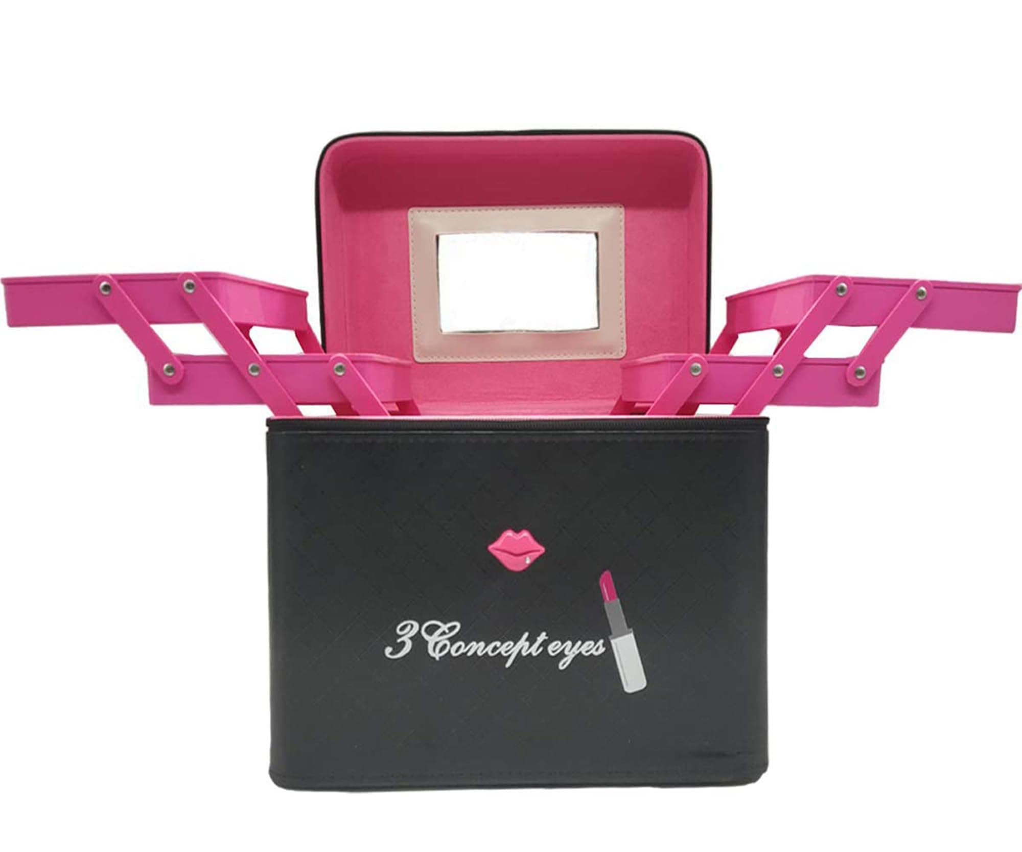 Pu Leather Makeup Cosmetics Storage Organizer With Mirror | Makeup Vanity Box For Brushes Toiletries For Women Girls | Double Sided 4 Layer Foldable Makeup Palette Organizer For Girl (Pink)