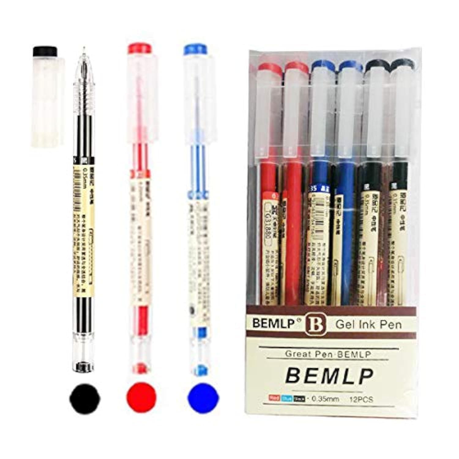 BEMLP Gel Ink Pen Extra fine point pens Ballpoint pen Liquid Ink Rollerball Pens 0.35mm Premium Quick Drying Pen for Japanese Office School Stationery Supply 12 Packs (4 Black 4 Blue 4 Red)