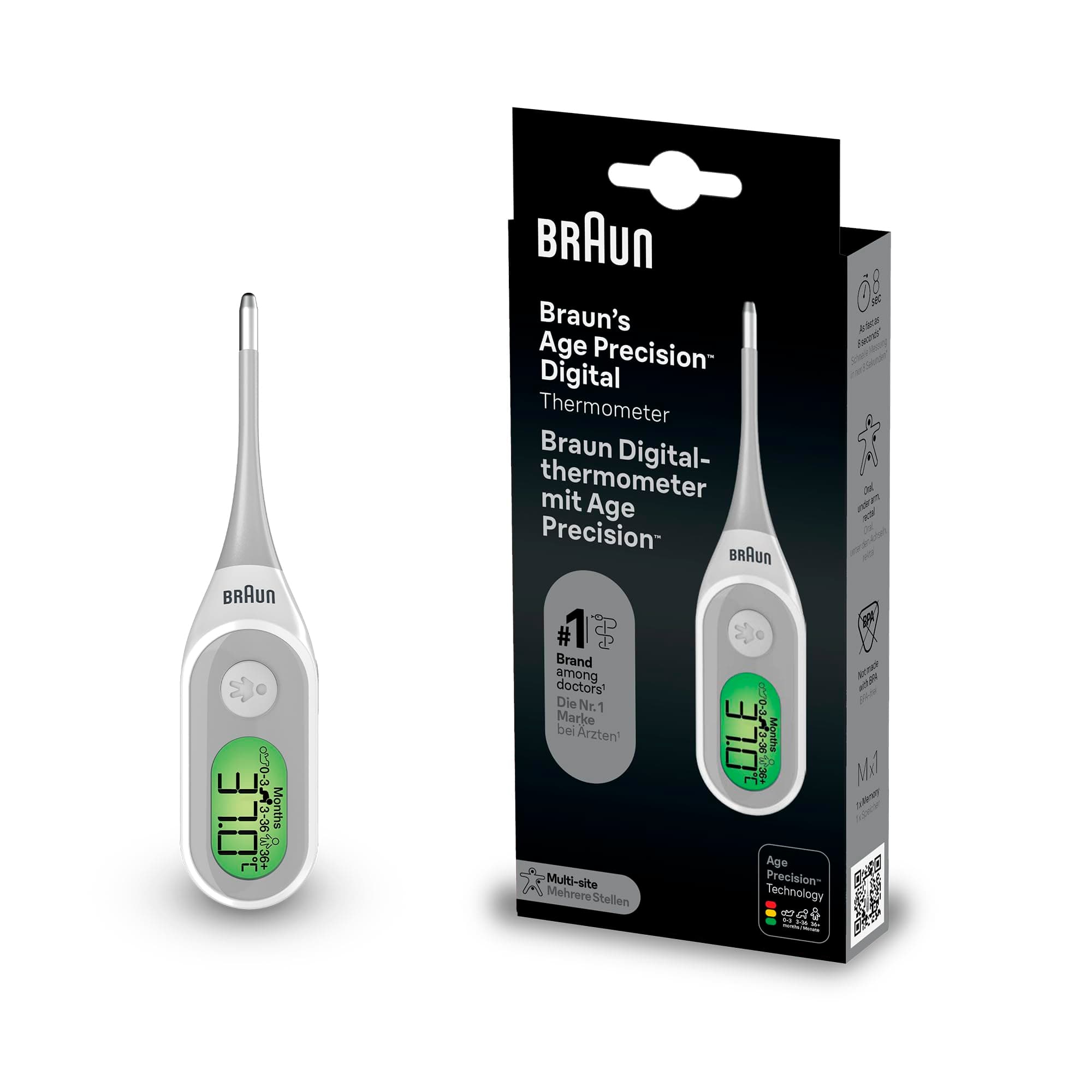 Braun Age Precision Digital thermometer - Digital Stick for Multi-Site Usage - Orally, Rectally or Underarm - Baby and Infant Friendly - #1 Brand among doctors(1) - PRT2000