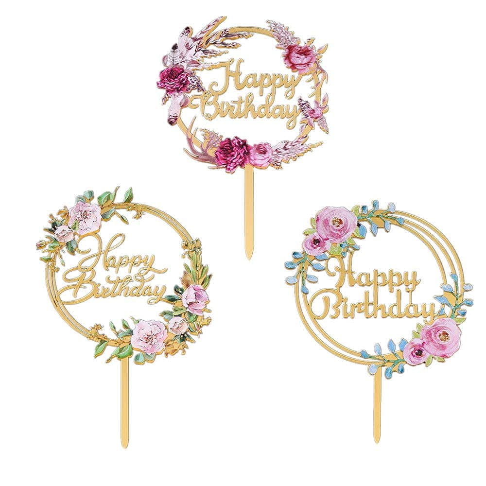 KASTWAVE 3 Pcs Flowers Cake Toppers Acrylic Happy Birthday Cake Toppers Various Birthday Party Wedding Cake Decoration