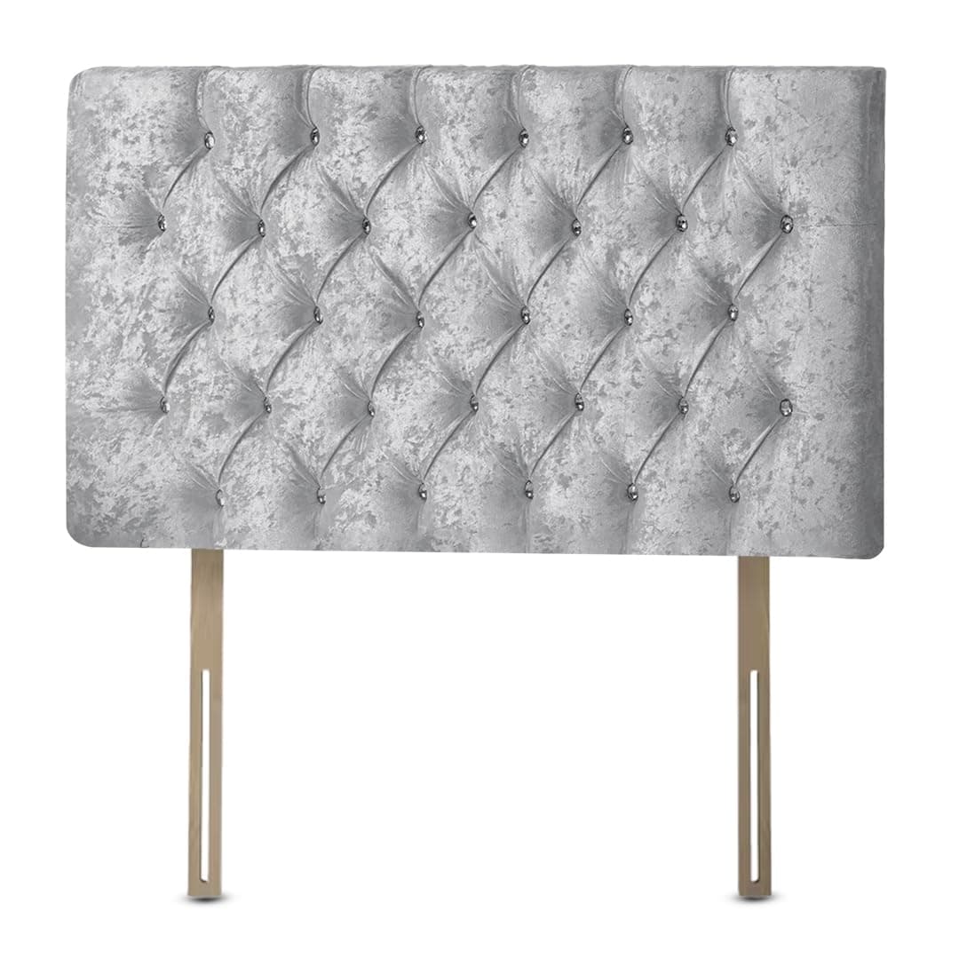 Chesterfield Diamante Frame Divan Bed Headboard | Crushed Velvet Headboards for 4ft6 Double Size Bed | Elegant design with wooden material headboards for beds (Silver, 4ft6 Double Height-20inch)