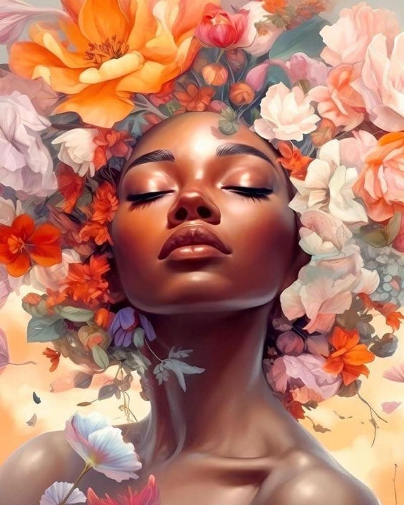 Clendo DIY African Woman Paint by Numbers for Adults Canvas, Flowers and Girl Paint by Number Kits on Canvas - Oil Painting Kits Arts and Crafts for Home Decor 16x20 inch(Without Frame)