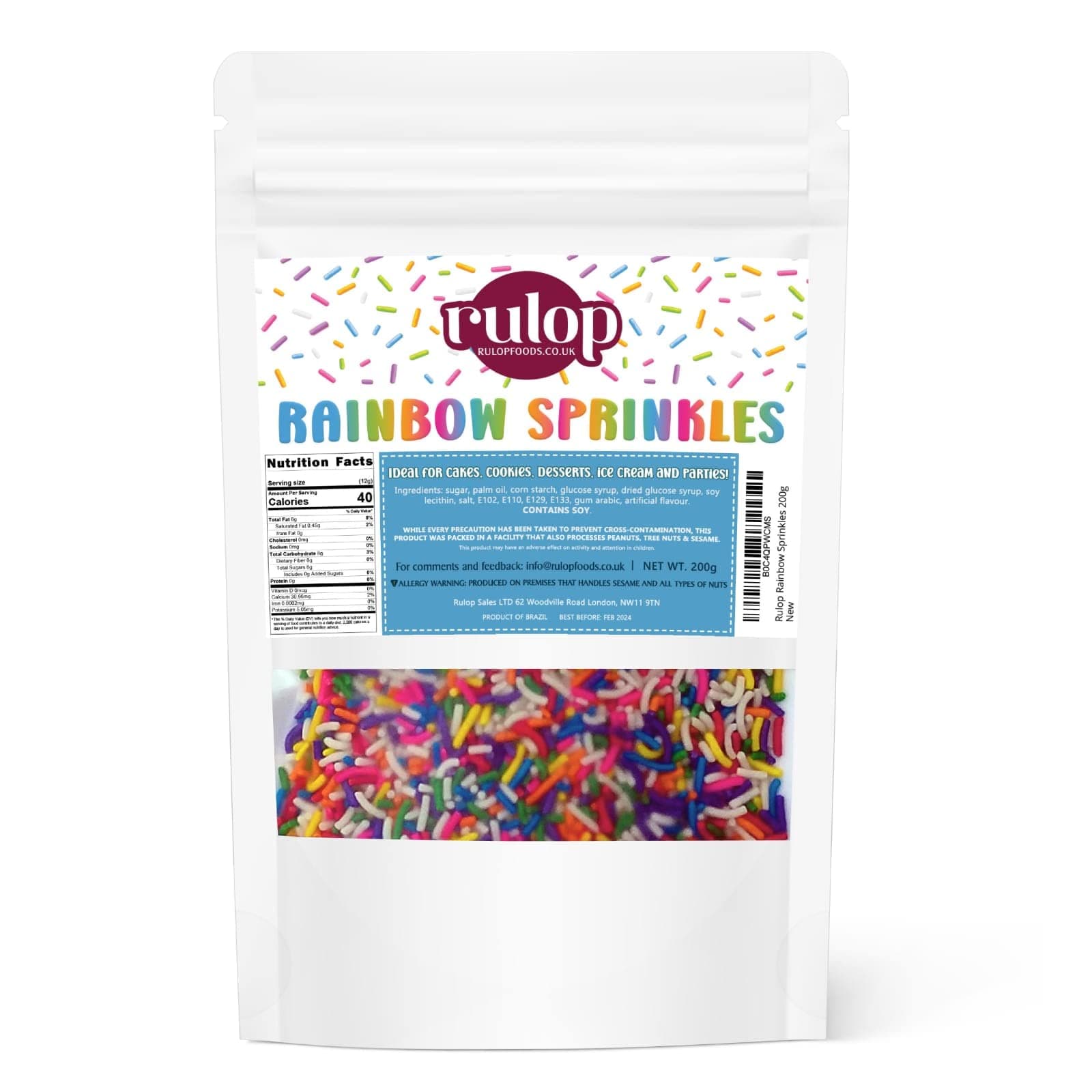 Rulop Dairy Free Rainbow sprinkles 200g, Colourful Sugar Strands That Are a Tasty and Exciting Option For Topping Cakes, Ice Cream and Cookies (Pack of 1)