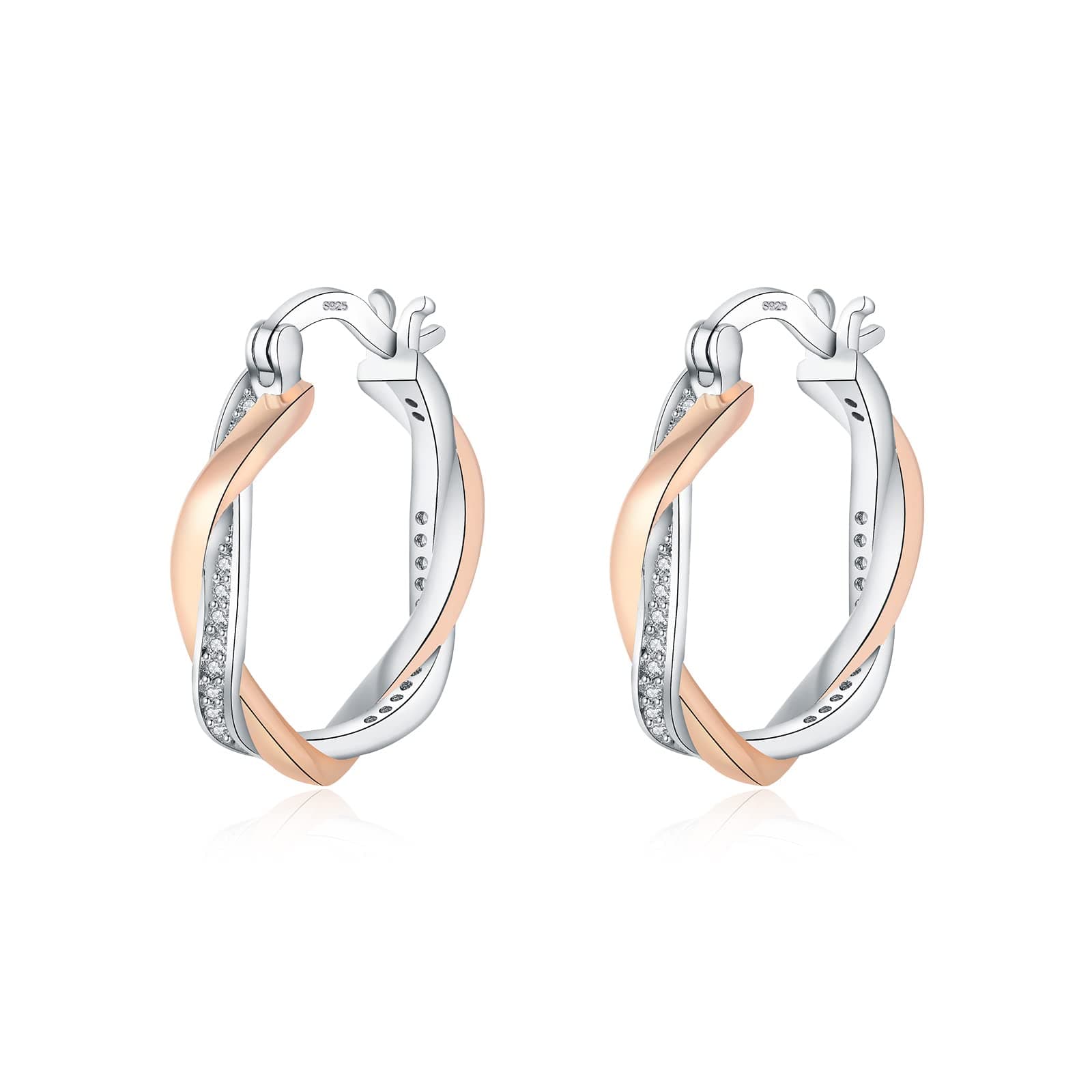 Silver Hoop Earrings for Women Girls, Sterling Silver Hoops Sleeper Huggies Earrings, Hypoallergenic Twist Earring Cubic Zirconia Jewellery Gift, Gold/Rose Gold/Blue/Black/Red - 15/20mm
