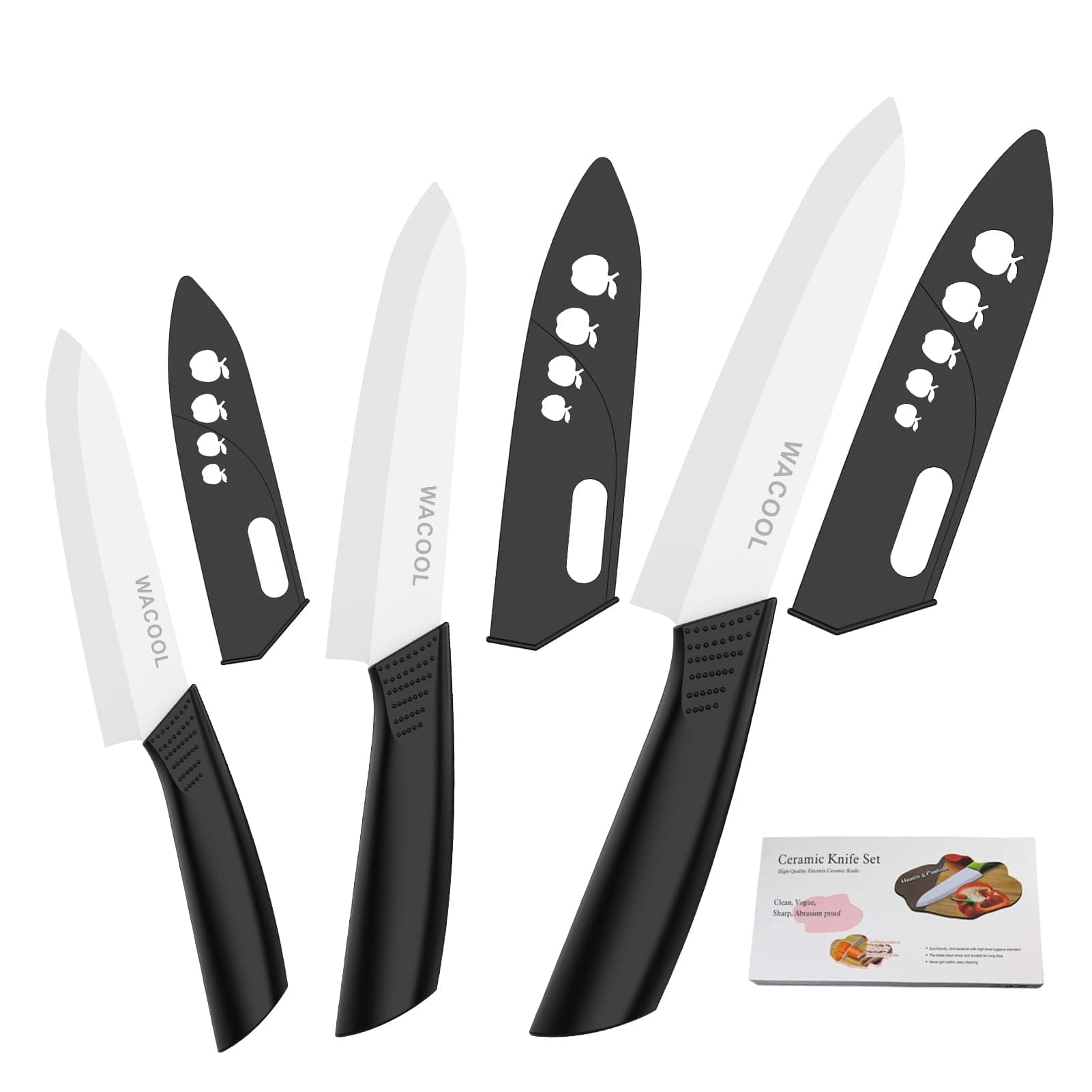 WACOOL Ceramic Knife Set with Sheaths, include 3-Piece: 6-inch Chef's Knife, 5-inch Utility Knife, 4-inch Fruit Paring Knife (Black Handle)