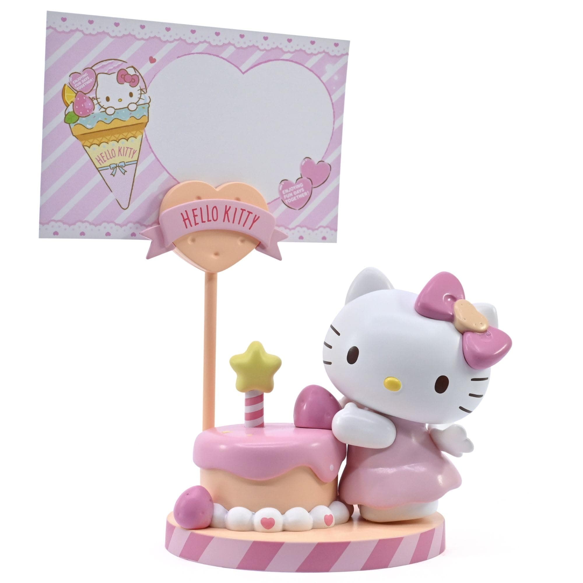 Hello Kitty Memo Stand Party Time Hello Kitty Functional Accessory, Designed to Hold Notes/Reminders/Images, Desk or Workspace Display Toy, Party Themed Figures, For Fans All Ages