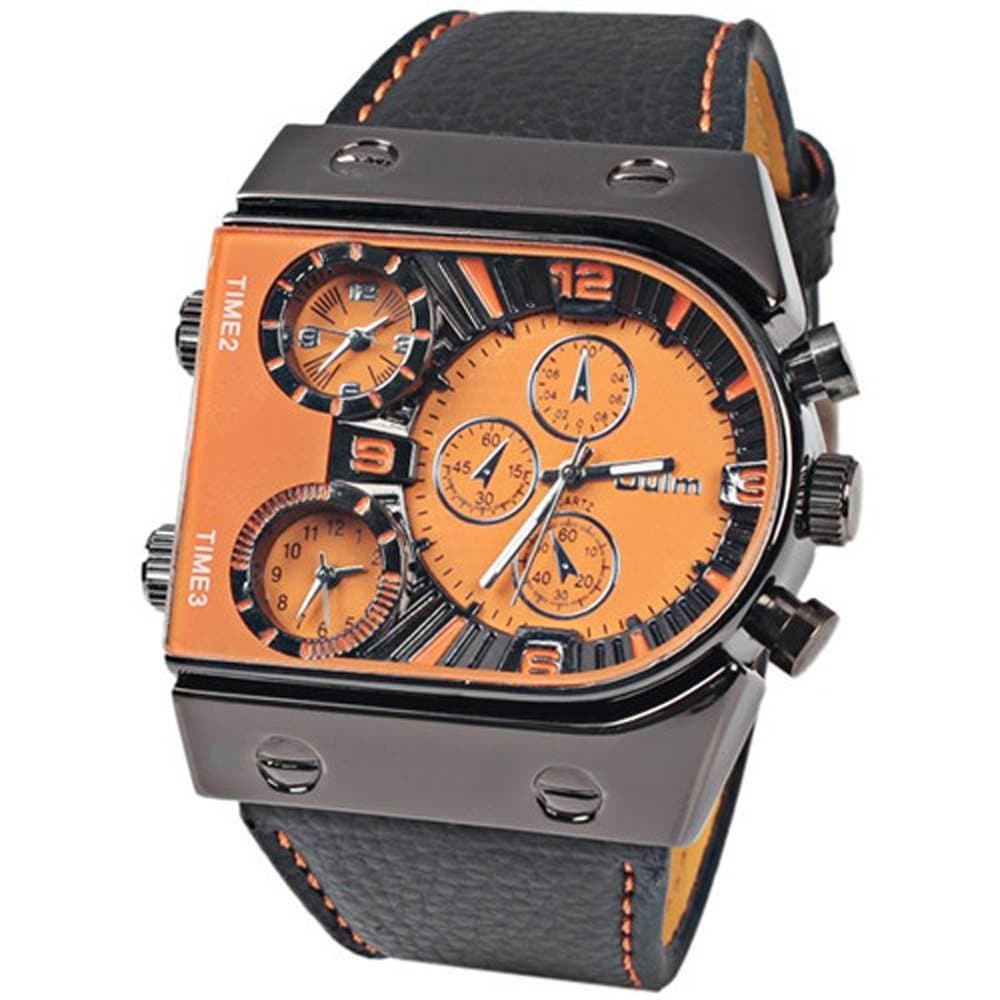 Magnoliar Military Men's Watch with 3 Movt Quartz Dial Black 24mm Leather Watchband orange