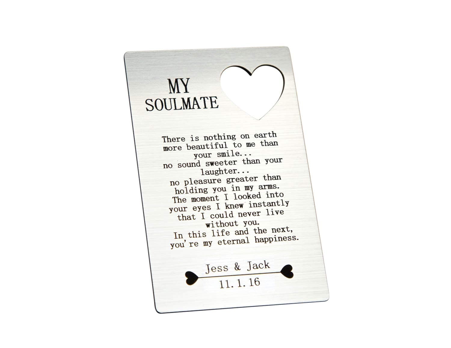Personalised My Soul Mate Quote Engraved Wallet Card Christmas Valentines Anniversary I Love You Gift For Him/Her Boyfriend Girlfriend With Heart Cut Out
