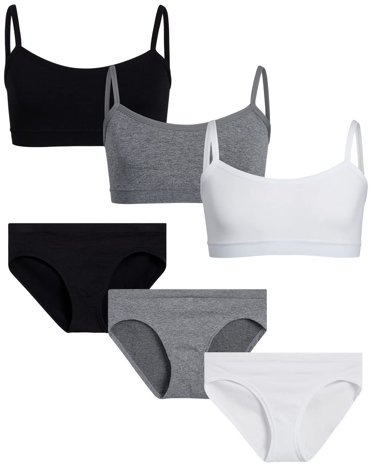 by Rene ROFE Training Bra Set - 6 Piece Seamless Sports Bralette Set (Big Girl), Size L(10/12), Black/White/Grey
