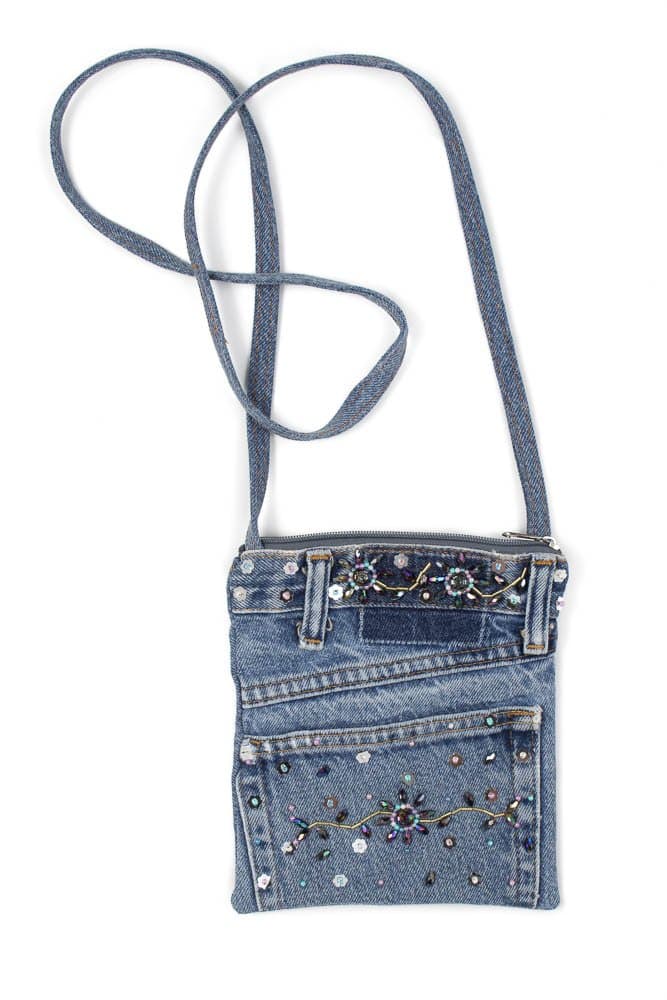 Blue Denim Small Shoulder Mini Pouch Crossbody Handbag with Beaded Design