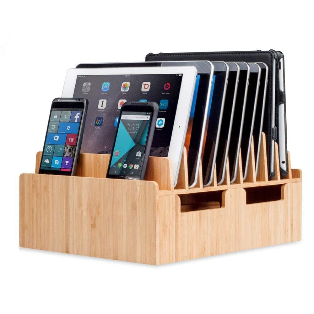 MobileVision Bamboo 10-Port Charging Station & Docking Organizer for Smartphones & Tablets, Family-Sized, for use in Corporate Offices & Classrooms