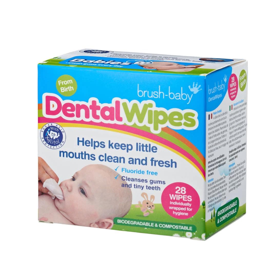 Brush-Baby Biodegradable Pack of 28 Dental Wipes for Infants, Gentle Oral Care for Babies, Enriched with Xylitol, Sterile and Individually Wrapped, Ideal For Babies' Early Teeth, White