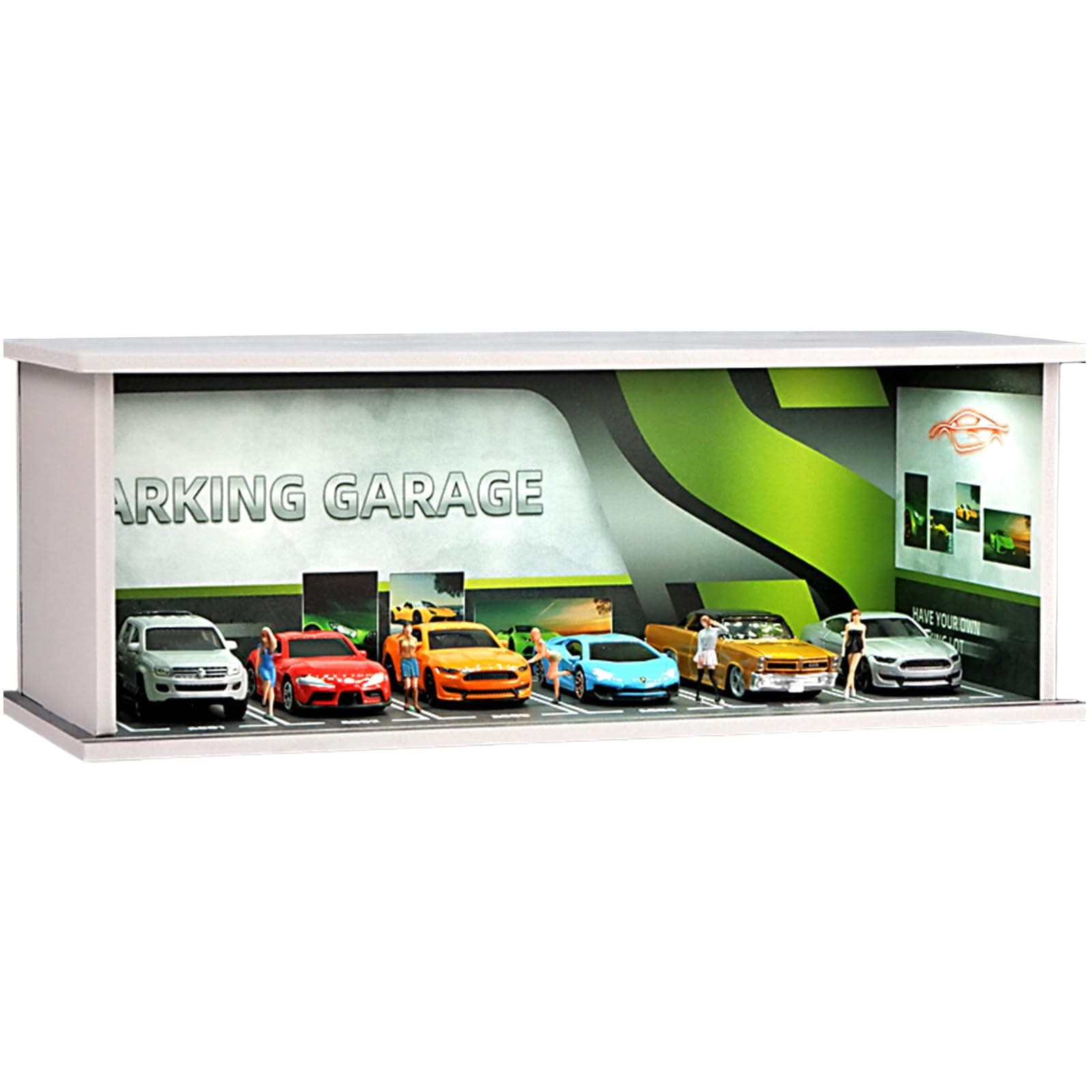 Display Case for Hot Wheel with LED Light Stackable Mega Garage Storage for 1:64 Matchbox & Diecast Cars 6-Slot Parking Diorama with Illuminated Showcase (Green-Background)