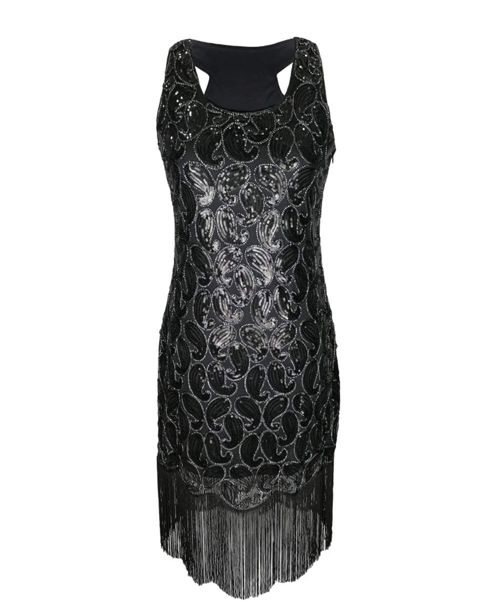 Womens 1920s Flapper Great Gatsby Cocktail Dance Ladies 20s Art Deco Dress Black/Golden Size 10/12/14
