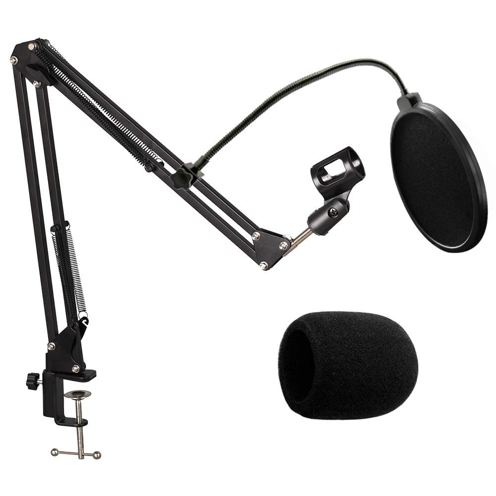 Lulu Home Heavy Duty Microphone Stand, Upgraded Adjustable Suspension Boom Scissor Arm Stand with Microphone Windscreen and Dual Layered Microphone Pop Filter, Professional Mic Stand for Blue Yeti