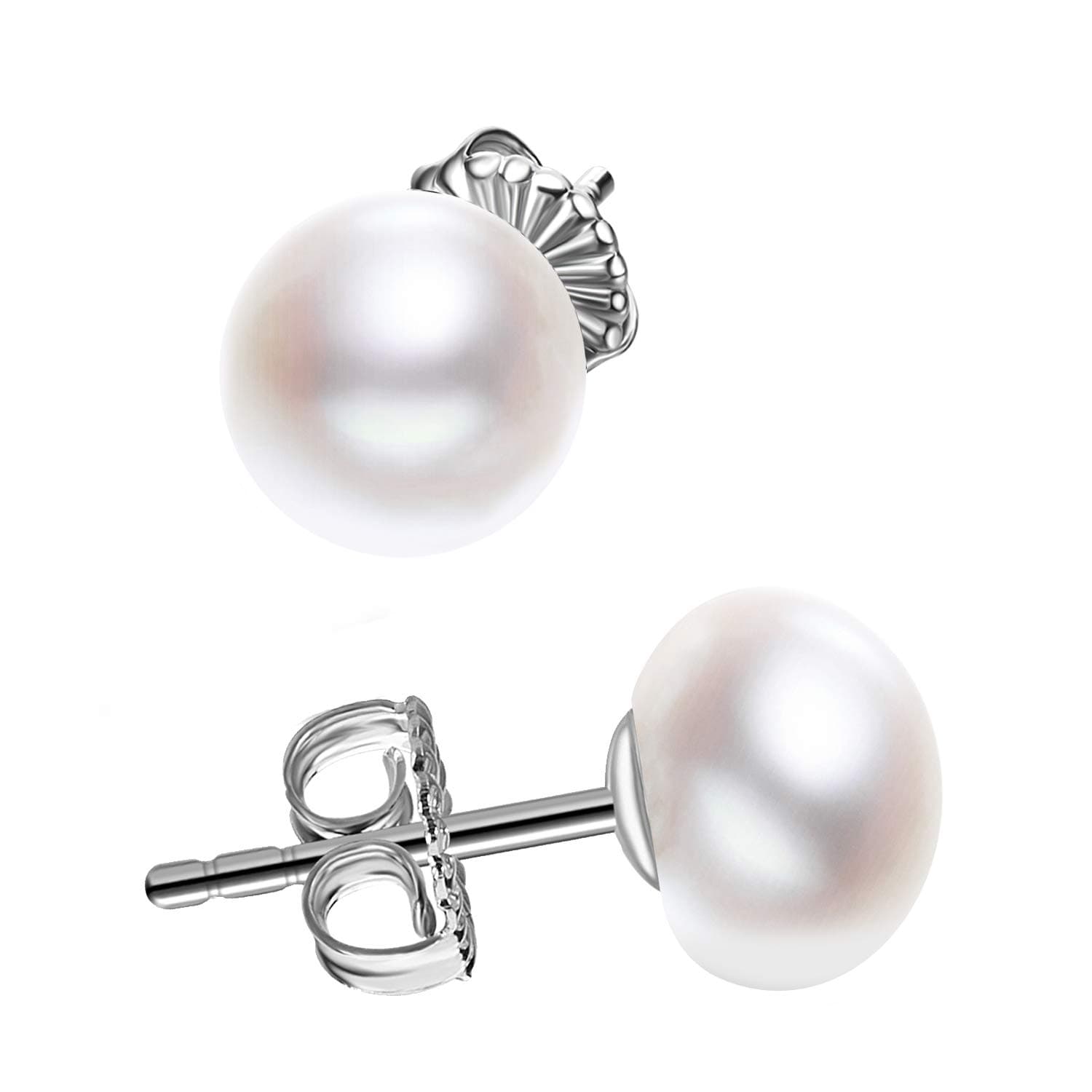JORASterling Silver White Button Freshwater Cultured Pearl Stud Earrings for Women Gift