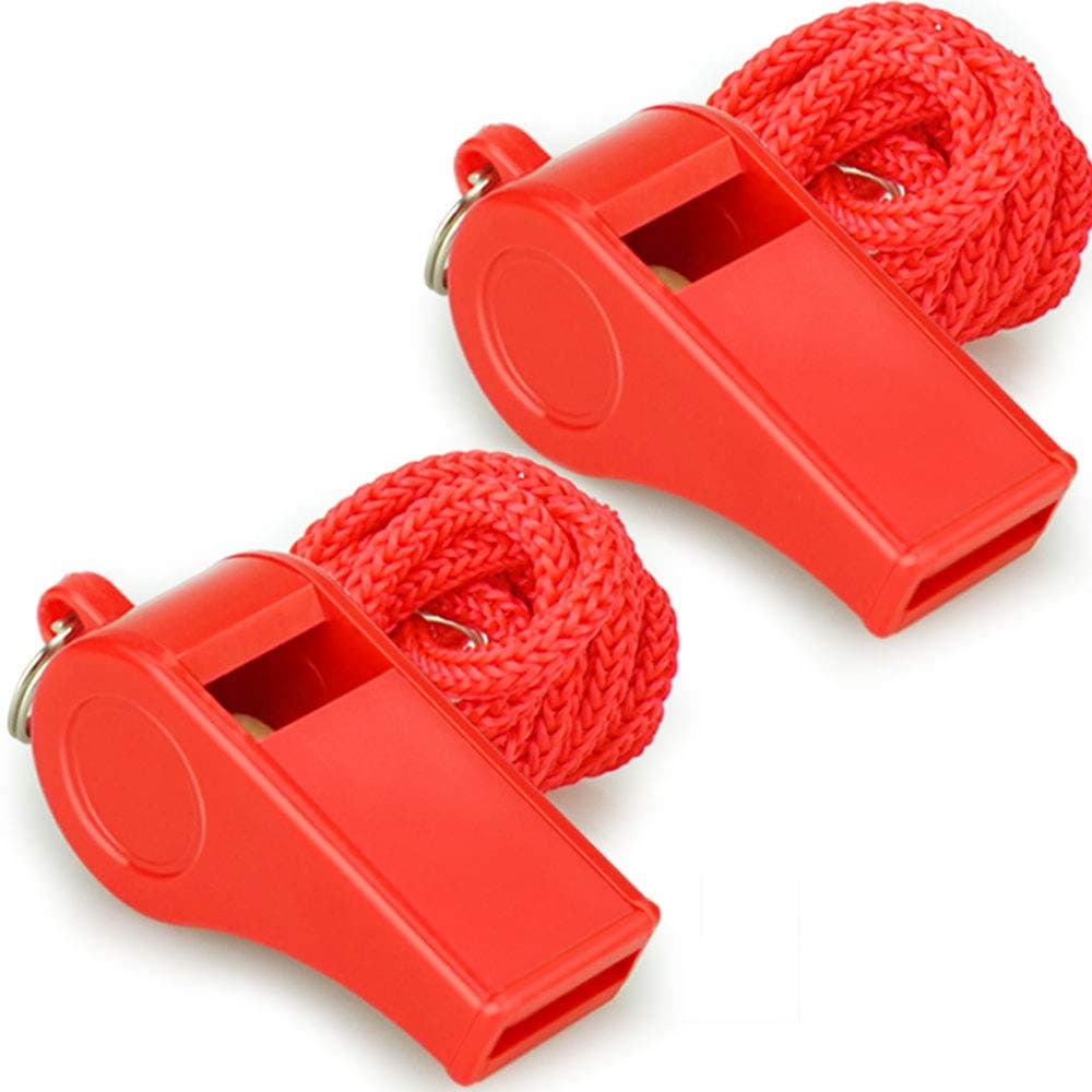 Red Emergency Whistles with Lanyard, Loud Crisp Sound, 2 Packs Plastic Whistles Ideal for Lifeguard, Self-Defense and Emergency