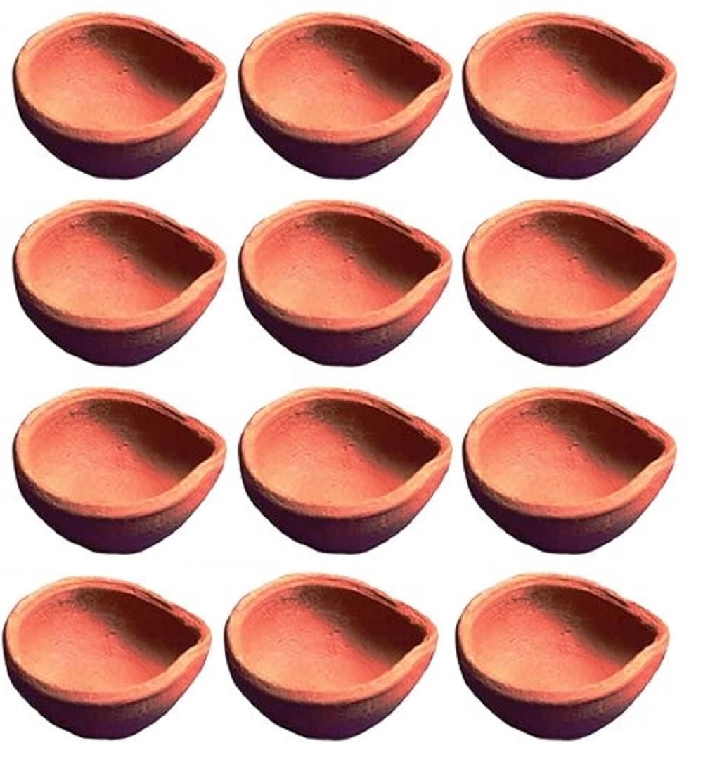 Mkd2 Rise Natural Clay Traditional Diwali Ke Diya | Earthen Clay Diya | Mitti Ka Diya | Diyas for Pooja (Set of 12)