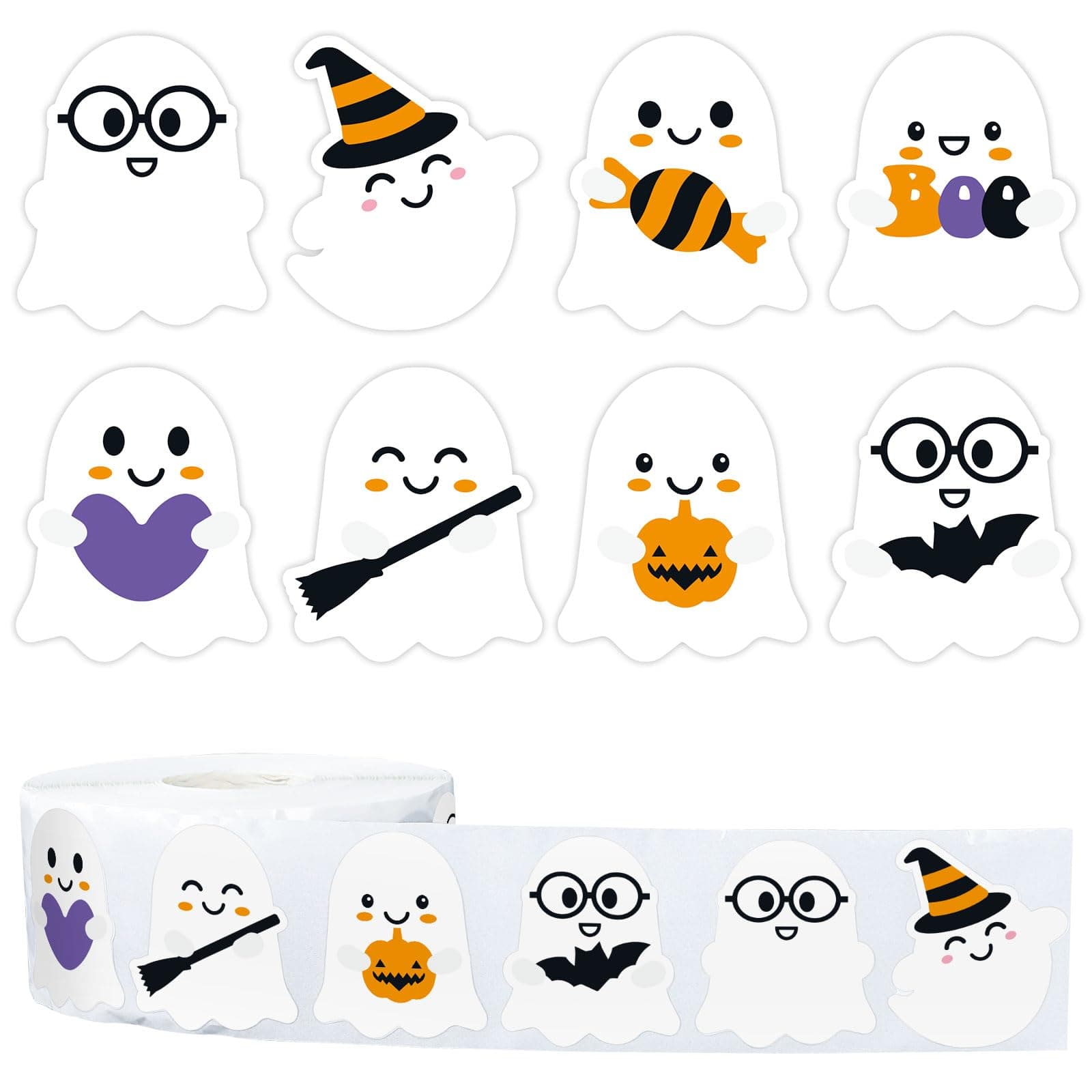 Whaline 1000Pcs Halloween Ghost Stickers Roll Self-Adhesive Cute Ghost Stickers Roll for Kid Halloween Party Envelope Scrapbook Card Gifts Candy Bags Decorations Supplies, 8 Design