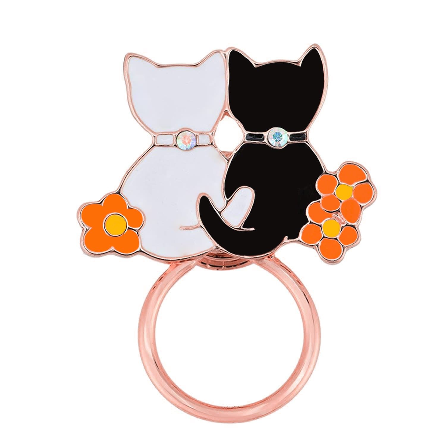 Exquisite Black and White Cats Couple Lovers Magnetic Eyeglass Holder Brooch Pin with Flower