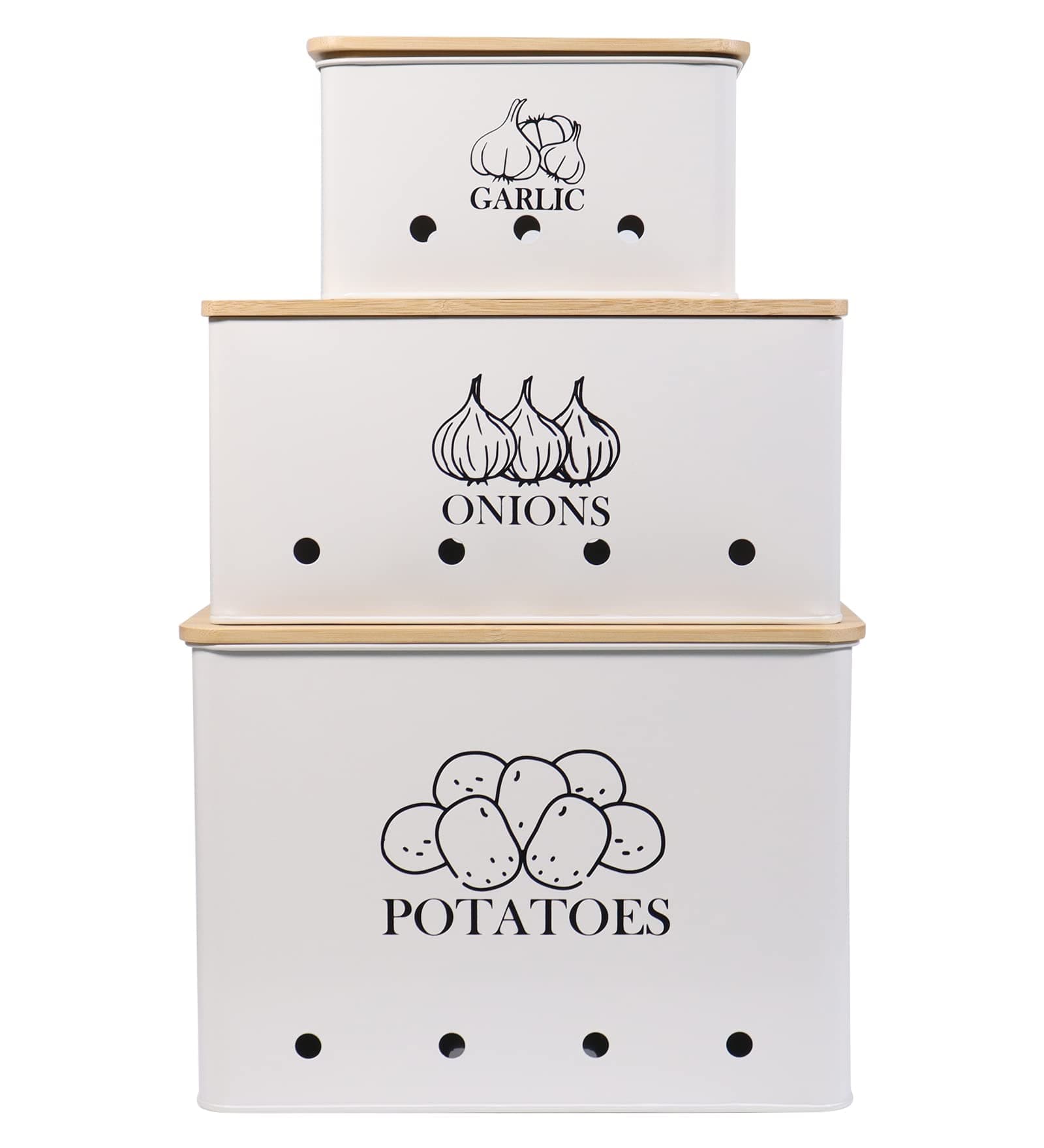 Kitchen Vegetable Storage Tins Set of 3 for Potato Onion & Garlic with Wooden Lid, Kitchen Storage Canisters Set, Long Shelf Life - White