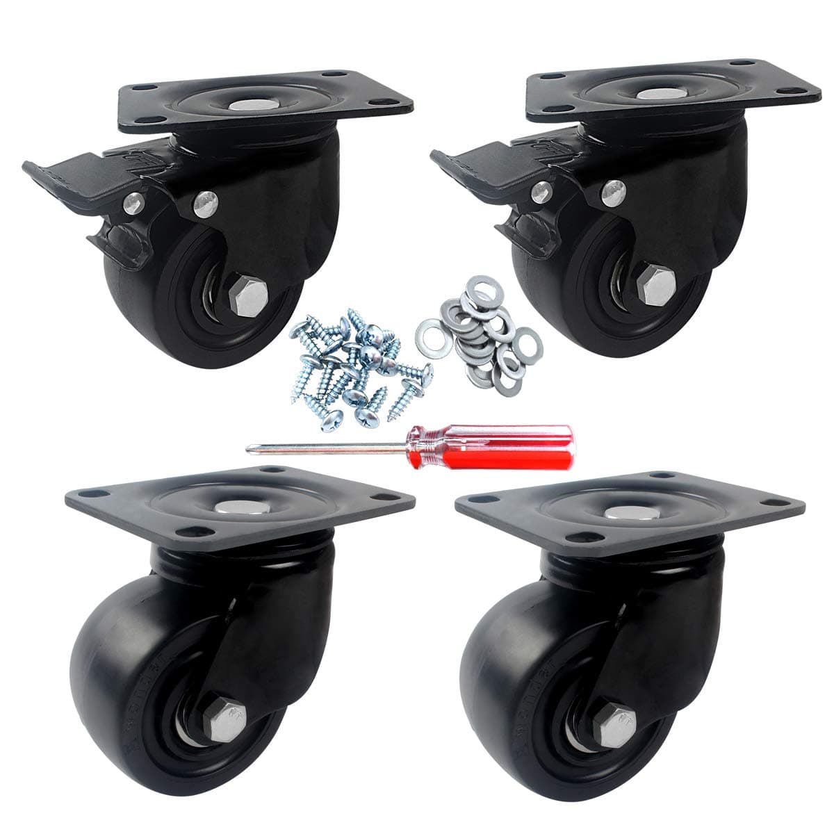 3 Inch Heavy Duty Plate Casters, DICASAL 2000 Lbs Load Capacity Durable Nylon Castors Wheels 360 Degree Top Plate Great for Workbench Working Cart Trolley and Furnitures (2 with Brakes and 2 wihtout)