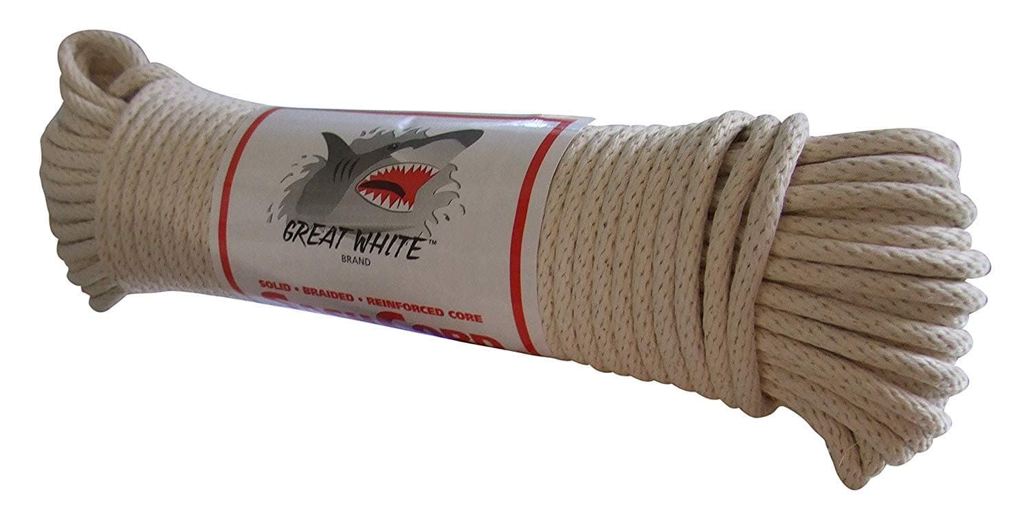 GREAT WHITE Sash Cord #8 100ft. Hank Natural White, 1/4" x 100', Made in USA, Cotton, Tie Down, Camping, Rigging, Crafts, Theatre, Window Replacement, Entertainment Grade, Rope,DIY & Home Improvement