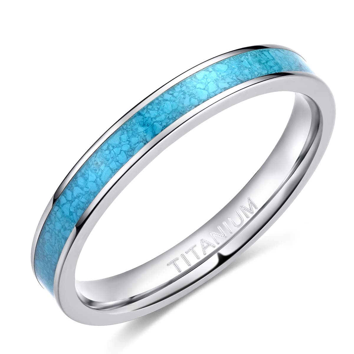 TIGRADE 3MM Titanium Ring Blue Turquoise Engagement Wedding Band for Woman Size 3-12