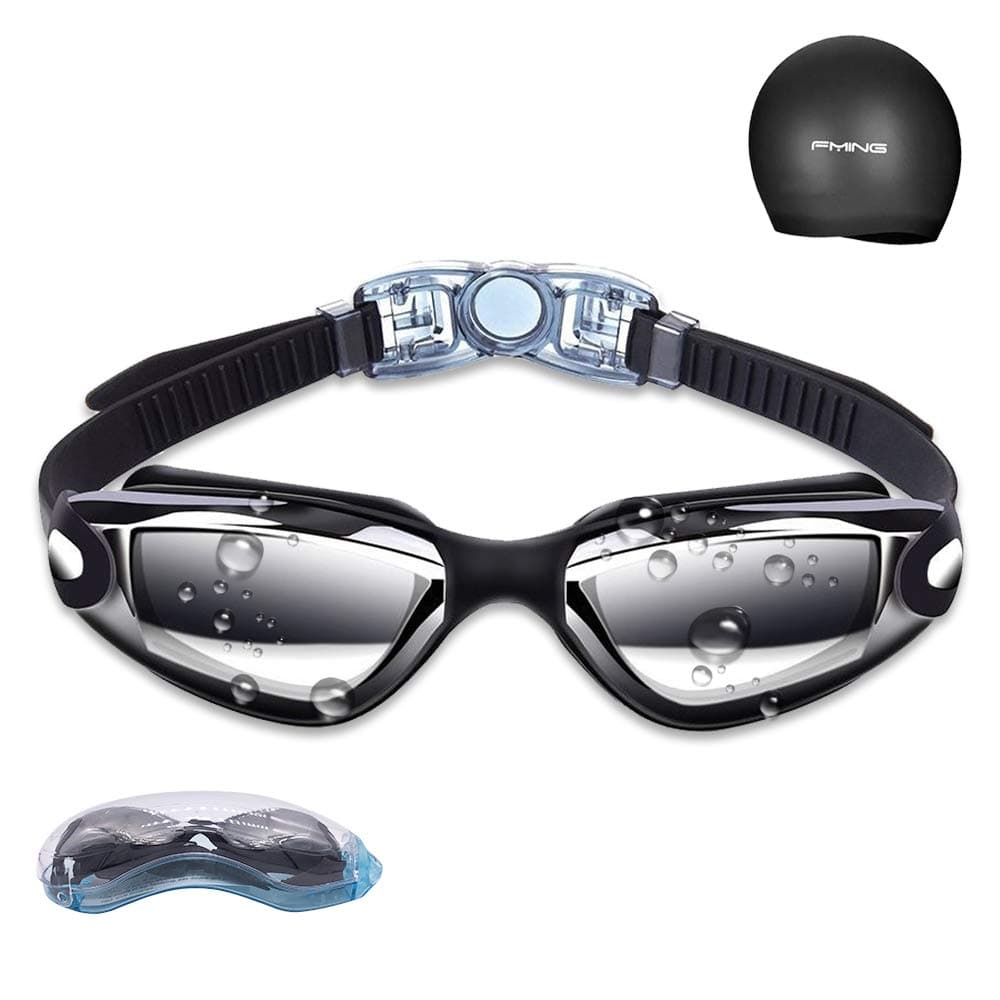 Swim Goggles, Anti Fog UV Protection Swimming Goggles, Swim Glasses for Kids Women Men Adult Youth Toddlers, No Leaking Adjustable Water Goggle with Case, Wide View Triathlon Swimming Glasses (Black)