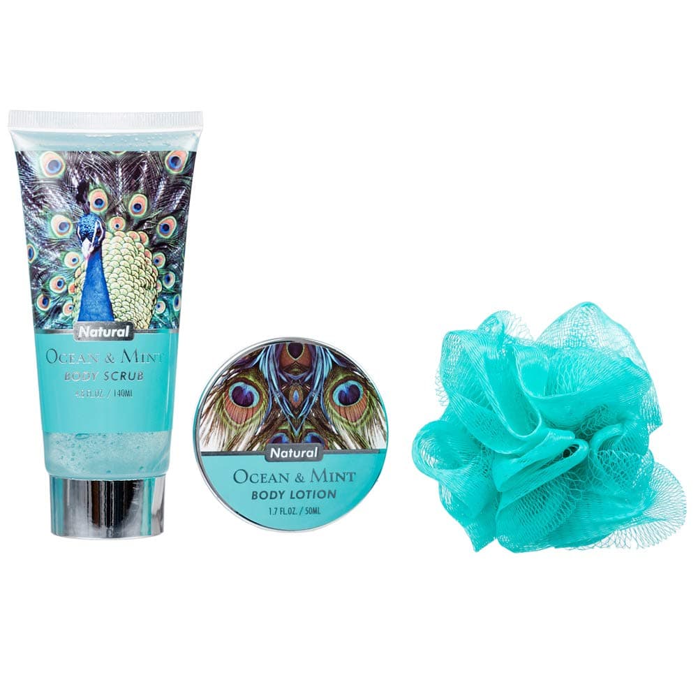 5 Piece Beautiful Ocean Mint Body & Bath Peacock Box Gift Set - Includes Body Lotion, Shower Gel, Bubble Bath, Body Scrub and a Bath Puff
