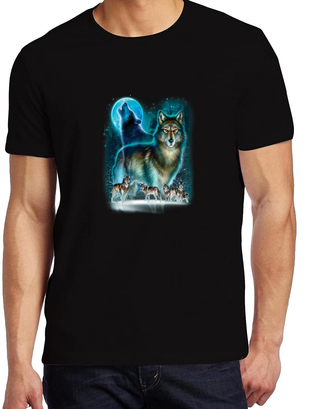 Ethno Designs Womens and Mens Wildlife T-Shirt Wolf Moon Silhouette Regular fit