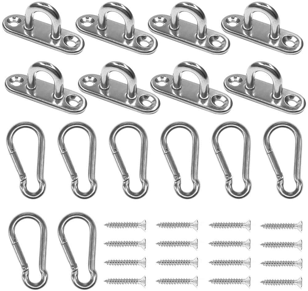 Stainless Steel 1.8 inch Pad Eye Plate U Hooks + Stainless Steel Snap Hook,Marine Hardware Staple Hook Loop with Screws, 8 Pack