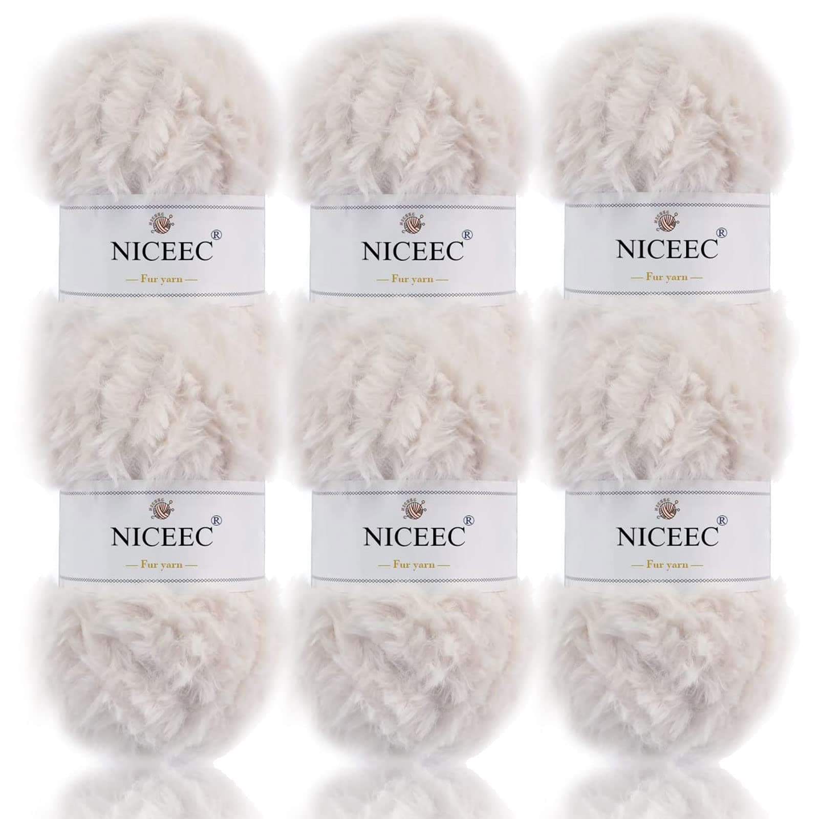 NICEEC Faux Fur Yarn Super Soft, Chunky & Fluffy, Eyelash Yarn for Crochet & Knitting(Total Length 210yds/10.6oz) - Cream White/300g