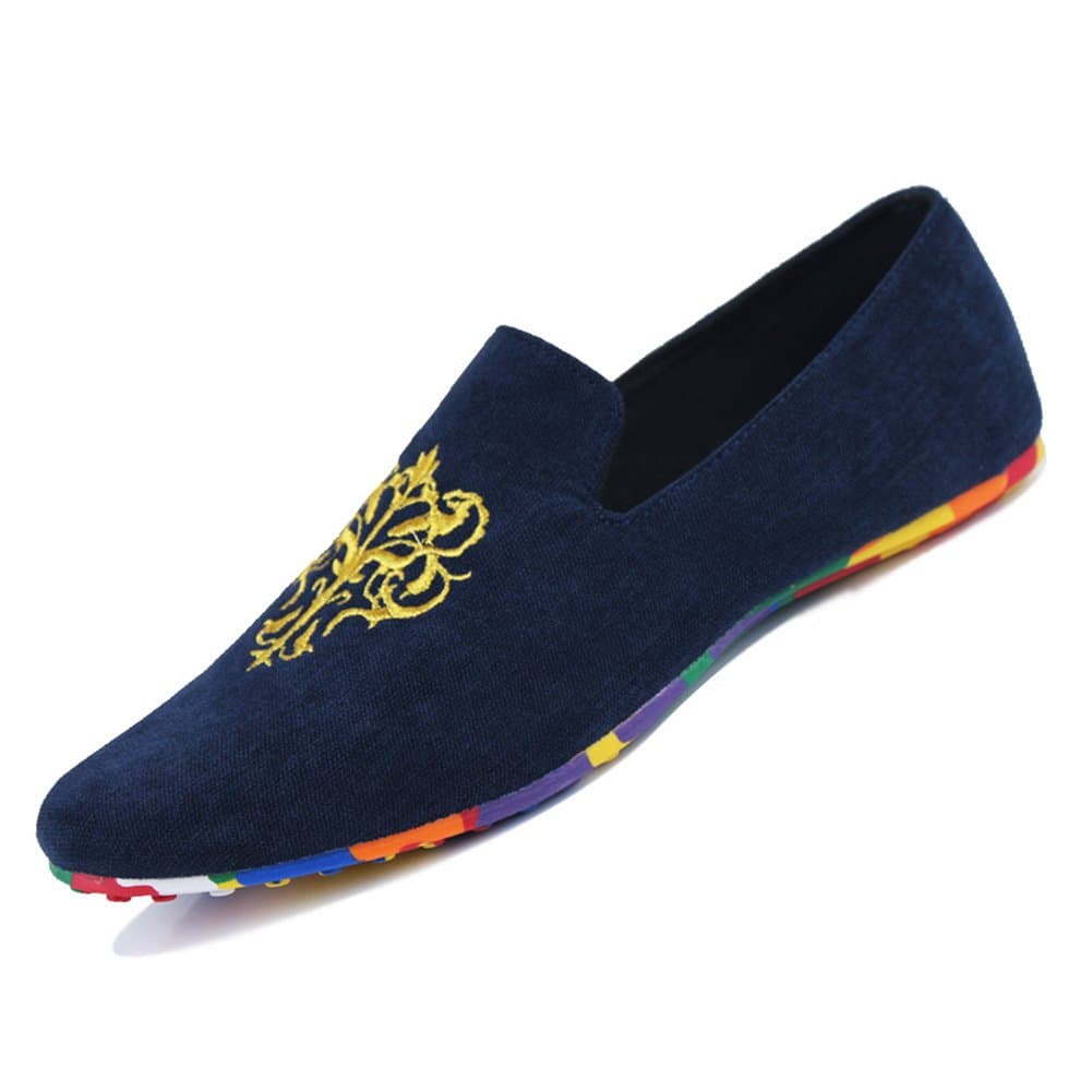 XiaoYouYu Men's Fashion Totem Embroidery Slip on Suede Loafers Blue, 9 UK