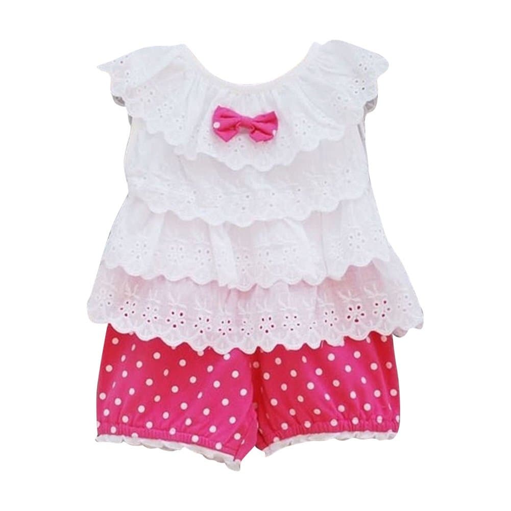 Comemall Kids Baby Girls Tops Polka Dot Lace Shirts T-shirt Shorts Pants Outfits Sets (12-18months, Rose Red)