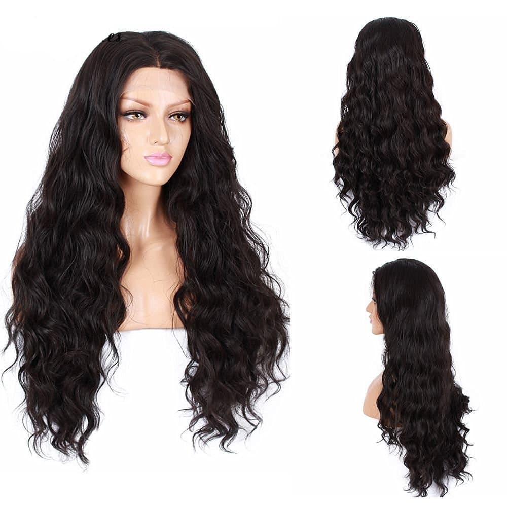 Destiny Love Natural Wave Curly Lace Front Wigs Synthetic Long Free Part Black Color Realistic Looking Wavy Heat Resistant Fibre Hair Half Hand Tied Lace Wigs for Black Women with Baby Hair 24 Inches