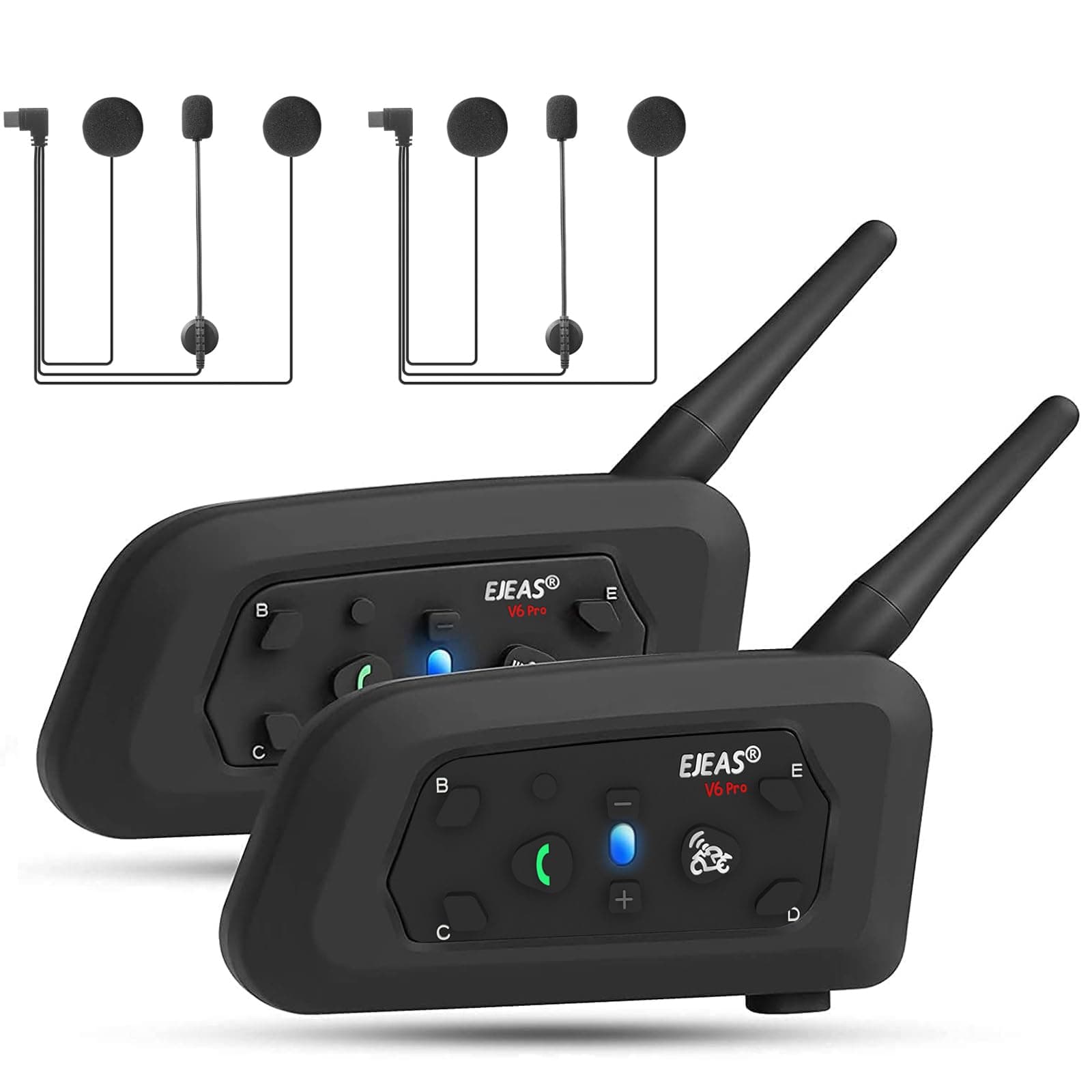 V6 Pro+ Motorcycle Helmet Bluetooth Intercom, Upgraded Bluetooth 5.1 Motorbike Riding Communication System with Type-C Interface for 6 People Connected & 2 People Intercom (2 Pack)