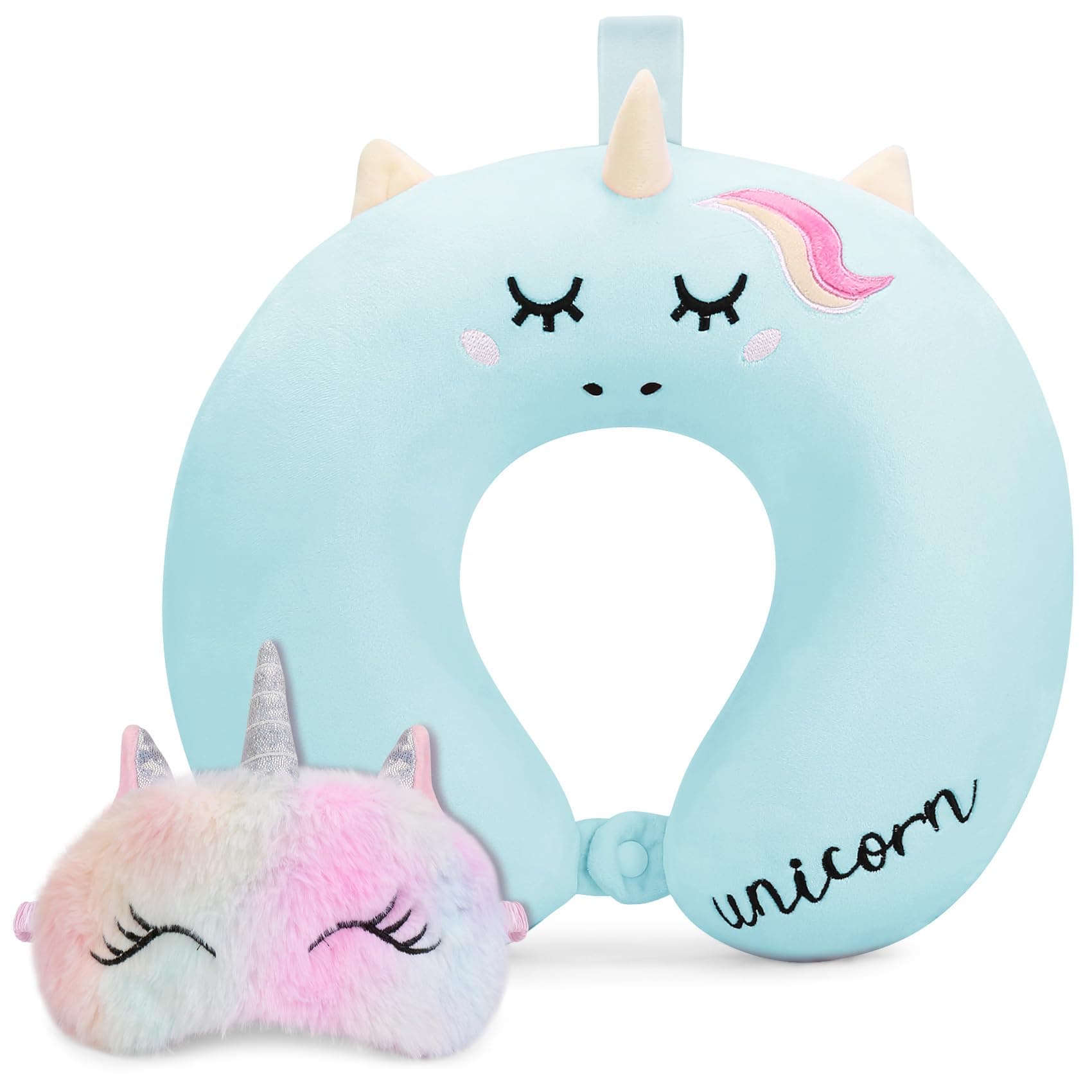Kids Neck Pillow for Traveling,Neck Pillow for Kids,Travel Pillow with Eye Mask,Cute Toddler Airplane Pillow,Unicorn U-Shaped Memory Foam Car Flight Head Pillow for Sleeping,Children Gift for Boy Girl