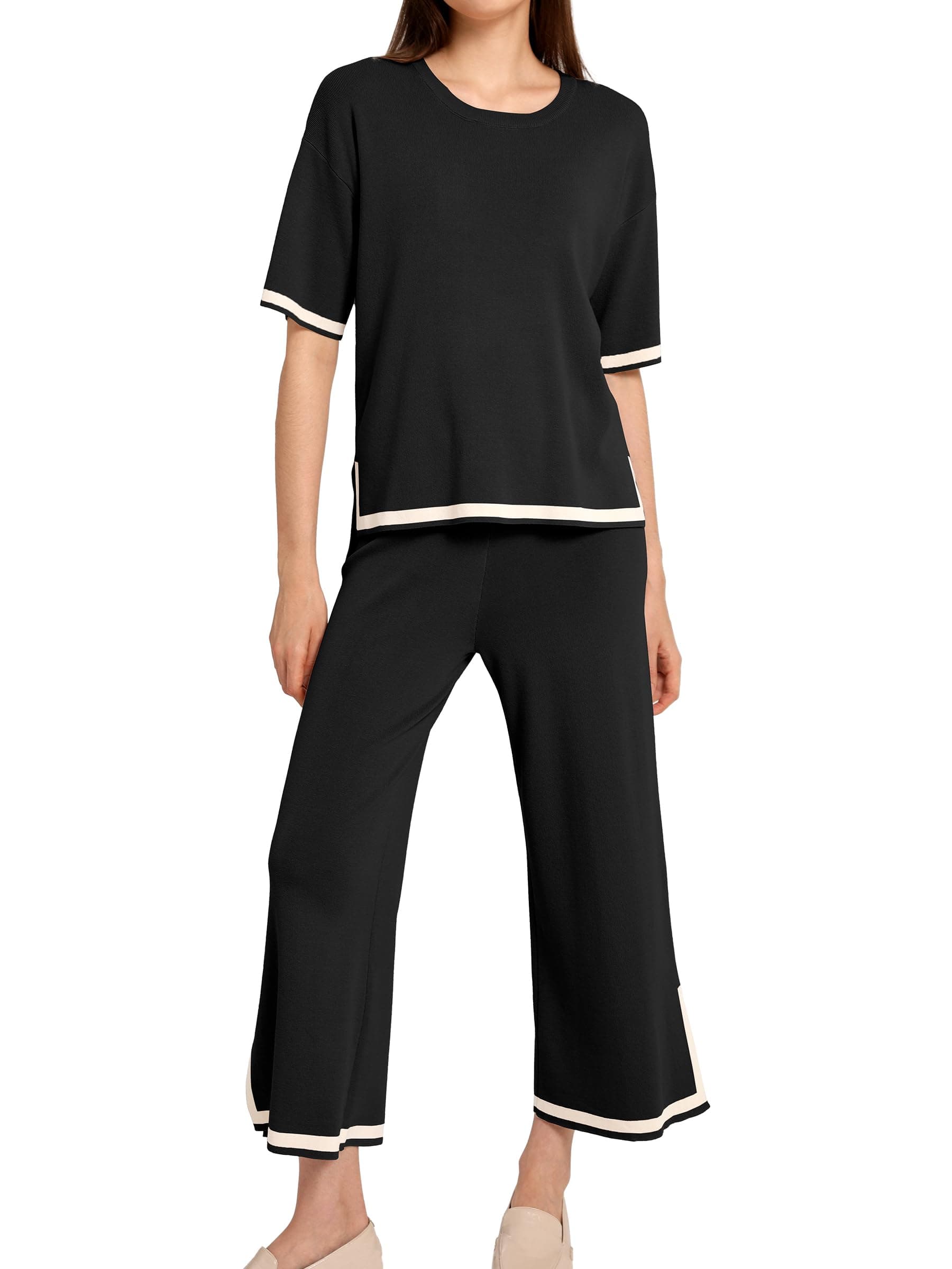 SuperPrity Women Sweater Set 2 or 3 Piece Outfits Short/Long Sleeve Knit Pullover Tops High Waist Wide Leg Pants Lounge Sets