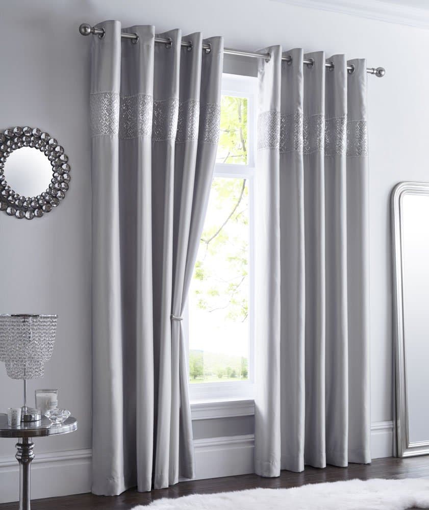 GREY LINED CURTAINS EYELET RING TOP Luxury Faux Silk with Sequin & diamante trim (66 x 72" (168x183cm))