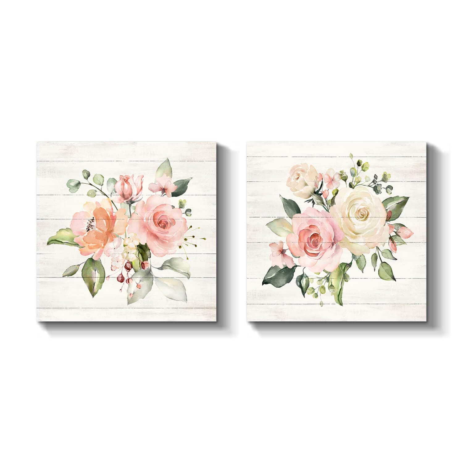 Flowers Picture Wall Art Print: Floral Painting Blossom Artwork on Wrapped Canvas for Bedroom (12" x 12" x 2 PCS, Multiple Sizes/Material)