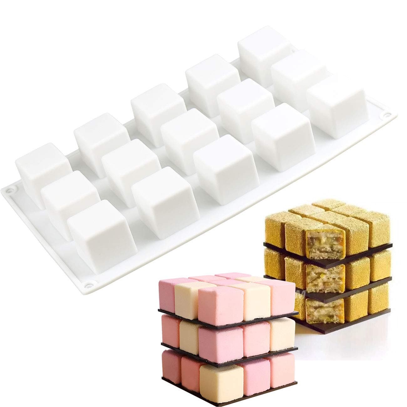 BUSOHA Cube Cake Molds - 3D Nonstick Square Silicone Baking Mold Dessert Molds for Chocolate Pastry, Truffle,Pudding, Jelly,Ice Cream,Cornbread, Muffin, Brownie,Cheesecake(15-Cavity）