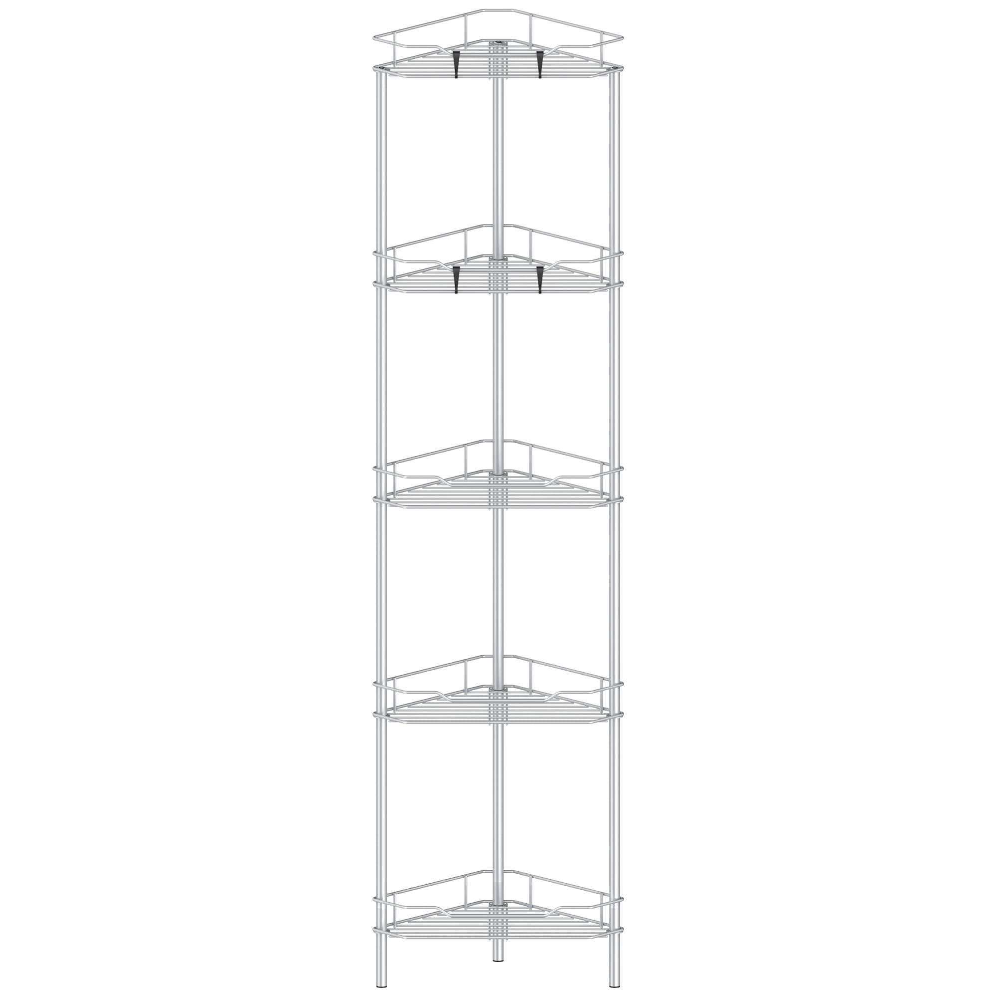 5 Tier Floor Standing Corner Shower Caddy Organizer Shelf with Hooks, Bathroom Shelves Stand Rack, Silver